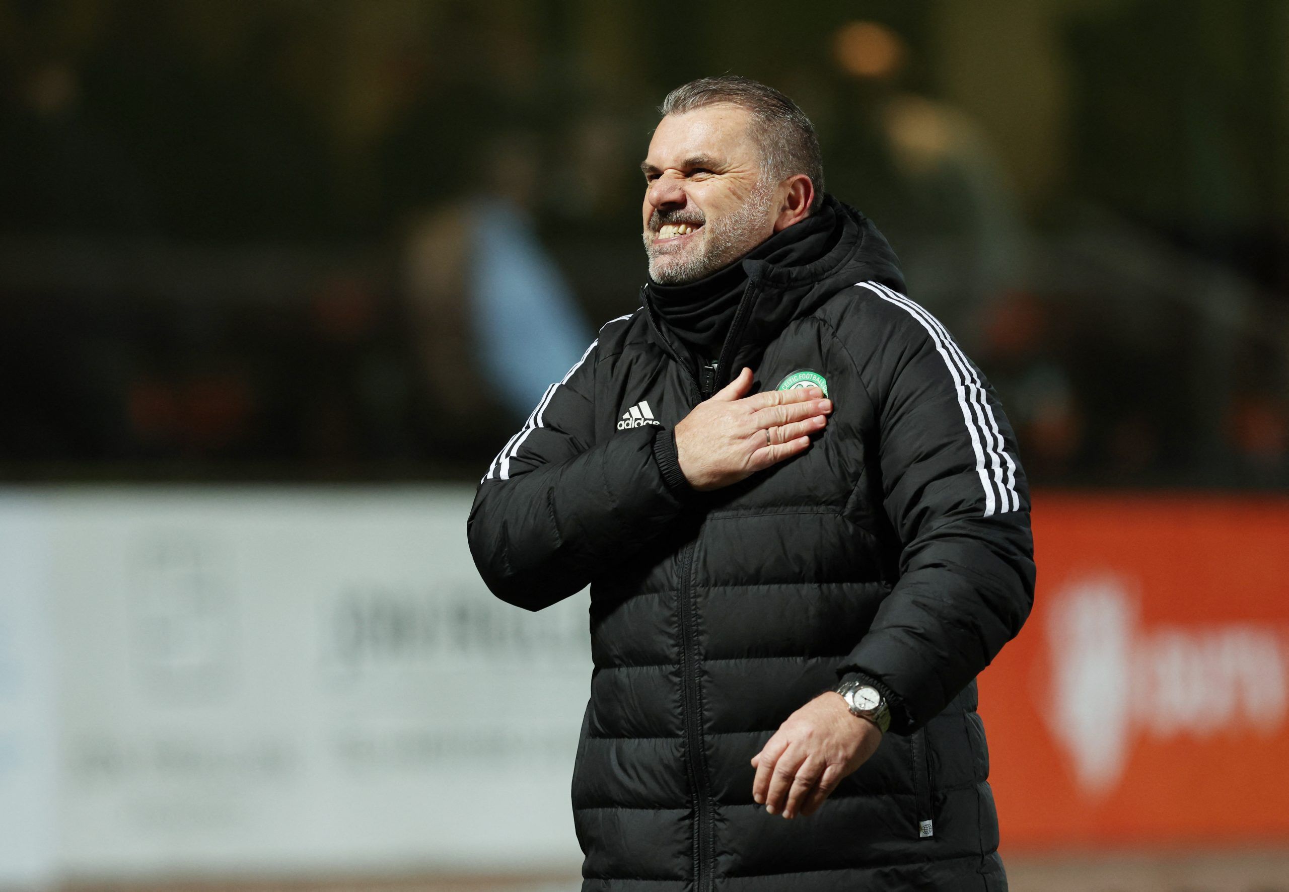 Soccer Football - Scottish Premiership - Dundee United v Celtic - Tannadice Park, Dundee, Scotland, Britain - January 29, 2023 Celtic manager Ange Postecoglou celebrates after the match REUTERS/Russell Cheyne