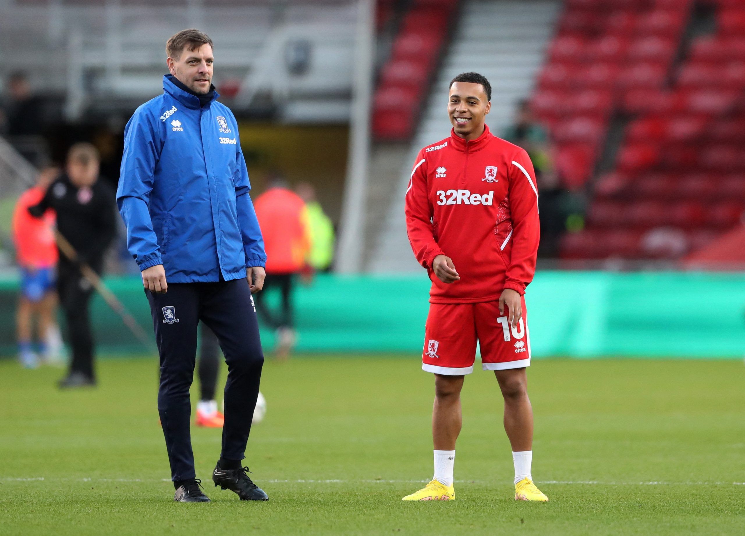 Soccer Football - FA Cup Third Round - Middlesbrough v Brighton &amp; Hove Albion - Riverside Stadium, Middlesbrough, Britain - January 7, 2023 Middlesbrough first team coach Jonathan Woodgate and Cameron Archer during the warm up before the match REUTERS/Scott Heppell