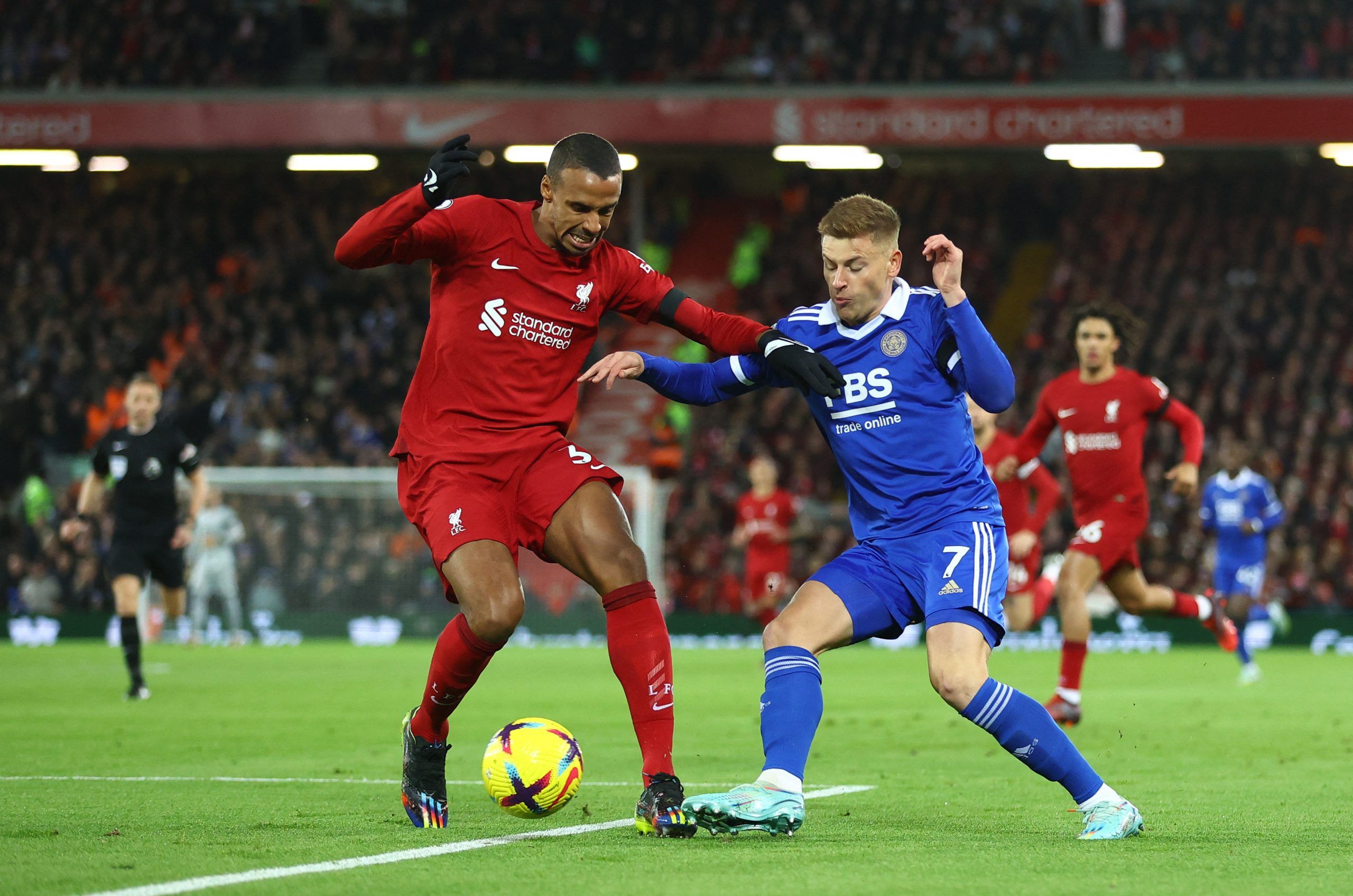 Soccer Football - Premier League - Liverpool v Leicester City - Anfield, Liverpool, Britain - December 30, 2022 Liverpool's Joel Matip in action with Leicester City's Harvey Barnes REUTERS/Carl Recine EDITORIAL USE ONLY. No use with unauthorized audio, video, data, fixture lists, club/league logos or 'live' services. Online in-match use limited to 75 images, no video emulation. No use in betting, games or single club /league/player publications.  Please contact your account representative for fu