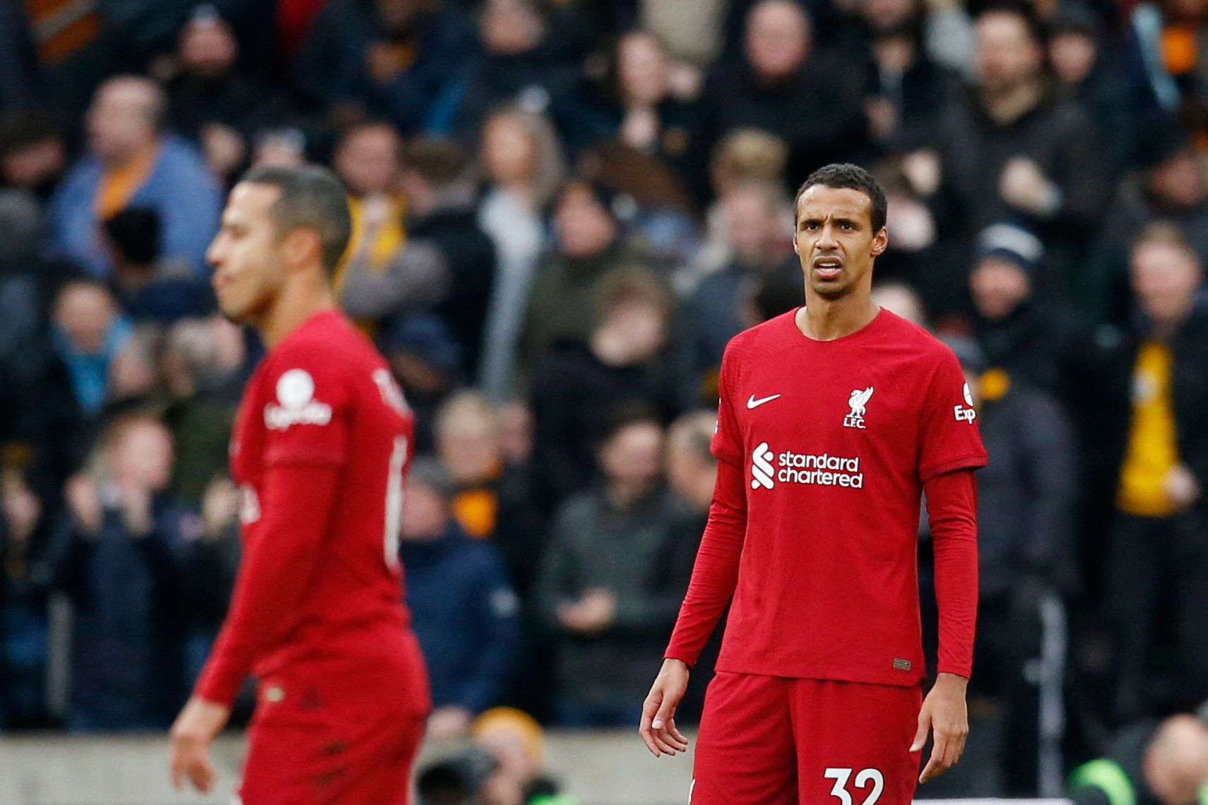 Soccer Football - Premier League - Wolverhampton Wanderers v Liverpool - Molineux Stadium, Wolverhampton, Britain - February 4, 2023 Liverpool's Joel Matip looks dejected after Wolverhampton Wanderers' Craig Dawson scores their second goal Action Images via Reuters/Ed Sykes EDITORIAL USE ONLY. No use with unauthorized audio, video, data, fixture lists, club/league logos or 'live' services. Online in-match use limited to 75 images, no video emulation. No use in betting, games or single club /leag