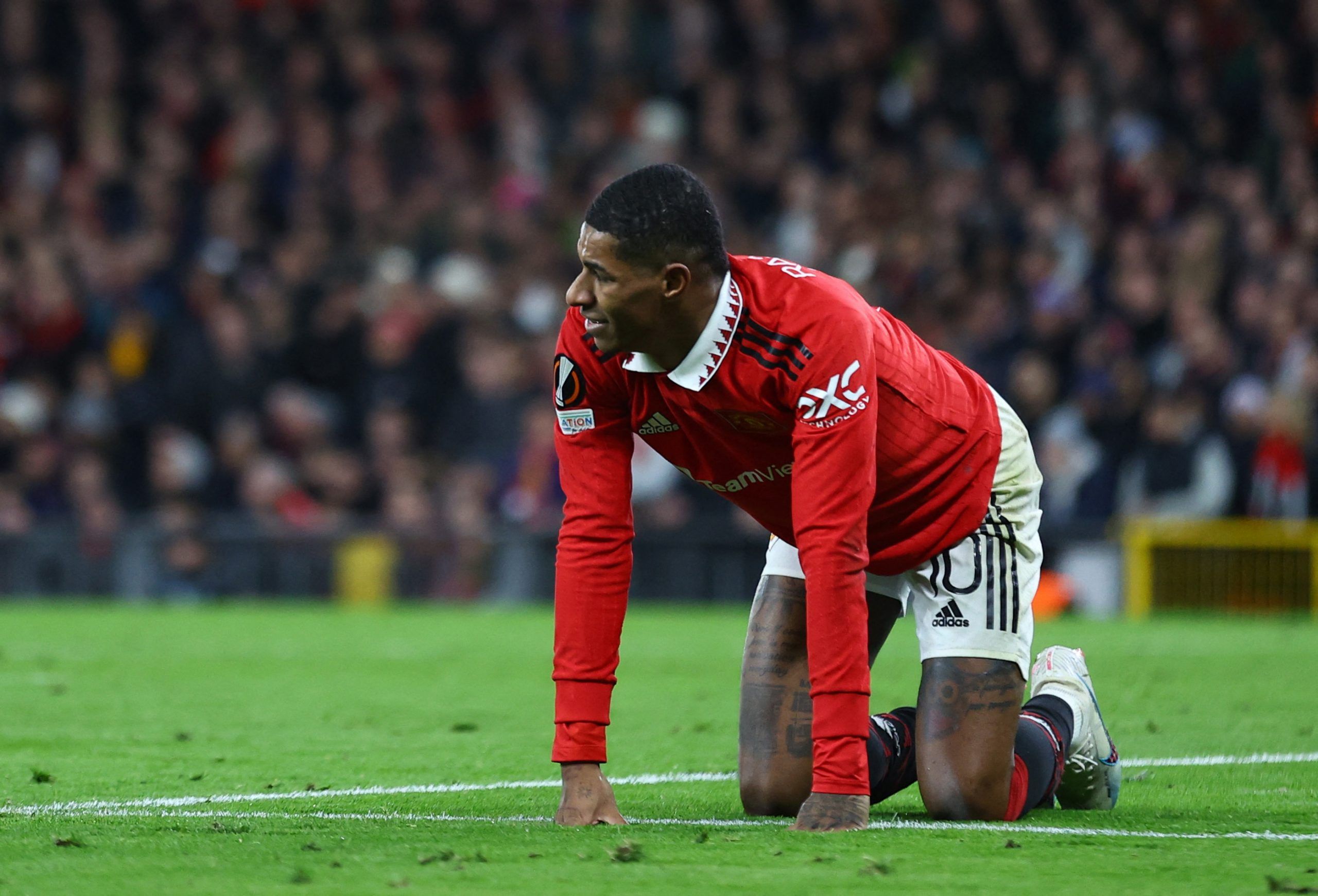 Soccer Football - Europa League - Play-Off Second Leg - Manchester United v FC Barcelona - Old Trafford, Manchester, Britain - February 23, 2023 Manchester United's Marcus Rashford reacts REUTERS/Carl Recine