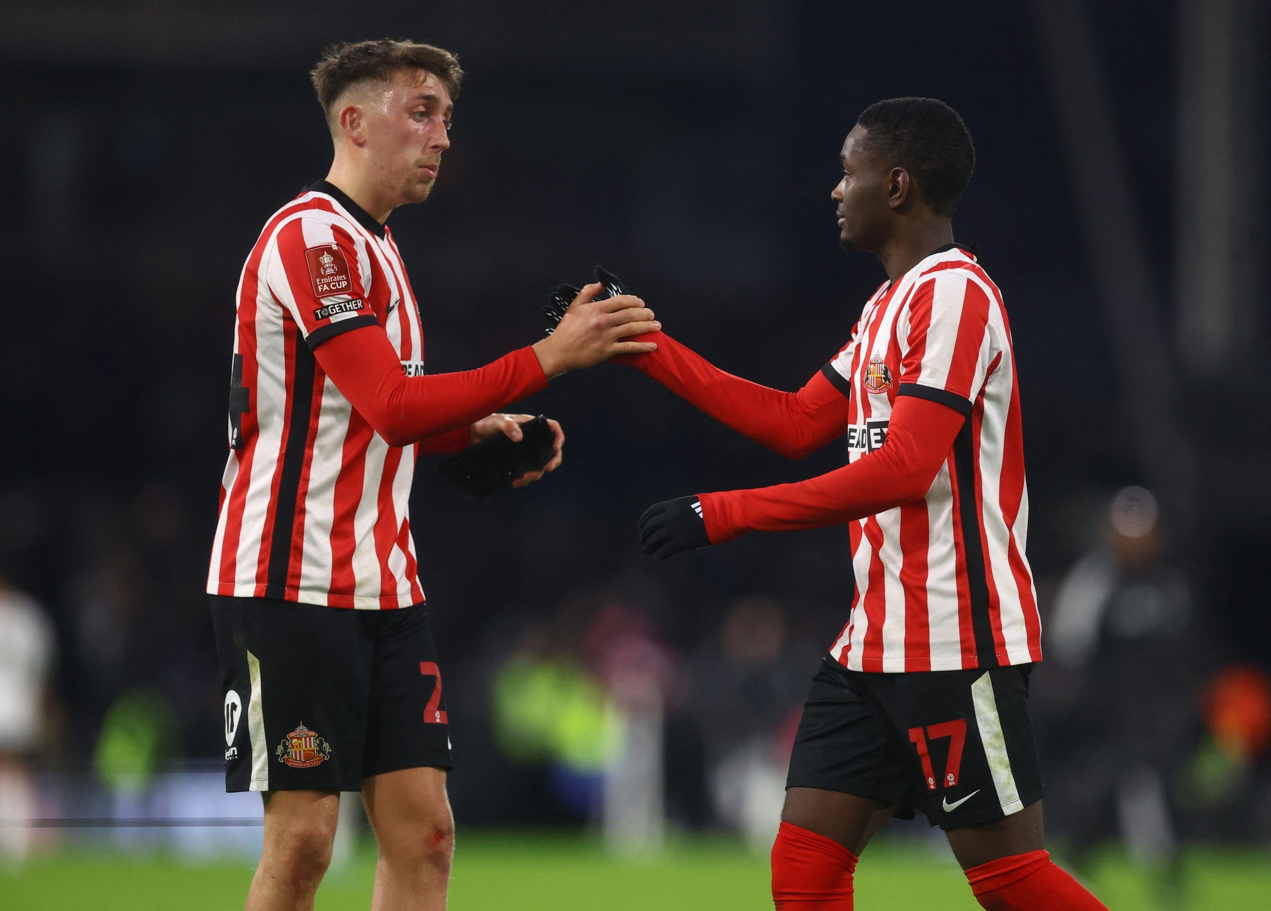 Soccer Football - FA Cup - Fourth Round - Fulham v Sunderland - Craven Cottage, London, Britain - January 28, 2023 Sunderland's Daniel Neil shakes hands with Abdullah Ba after the match Action Images via Reuters/Paul Childs
