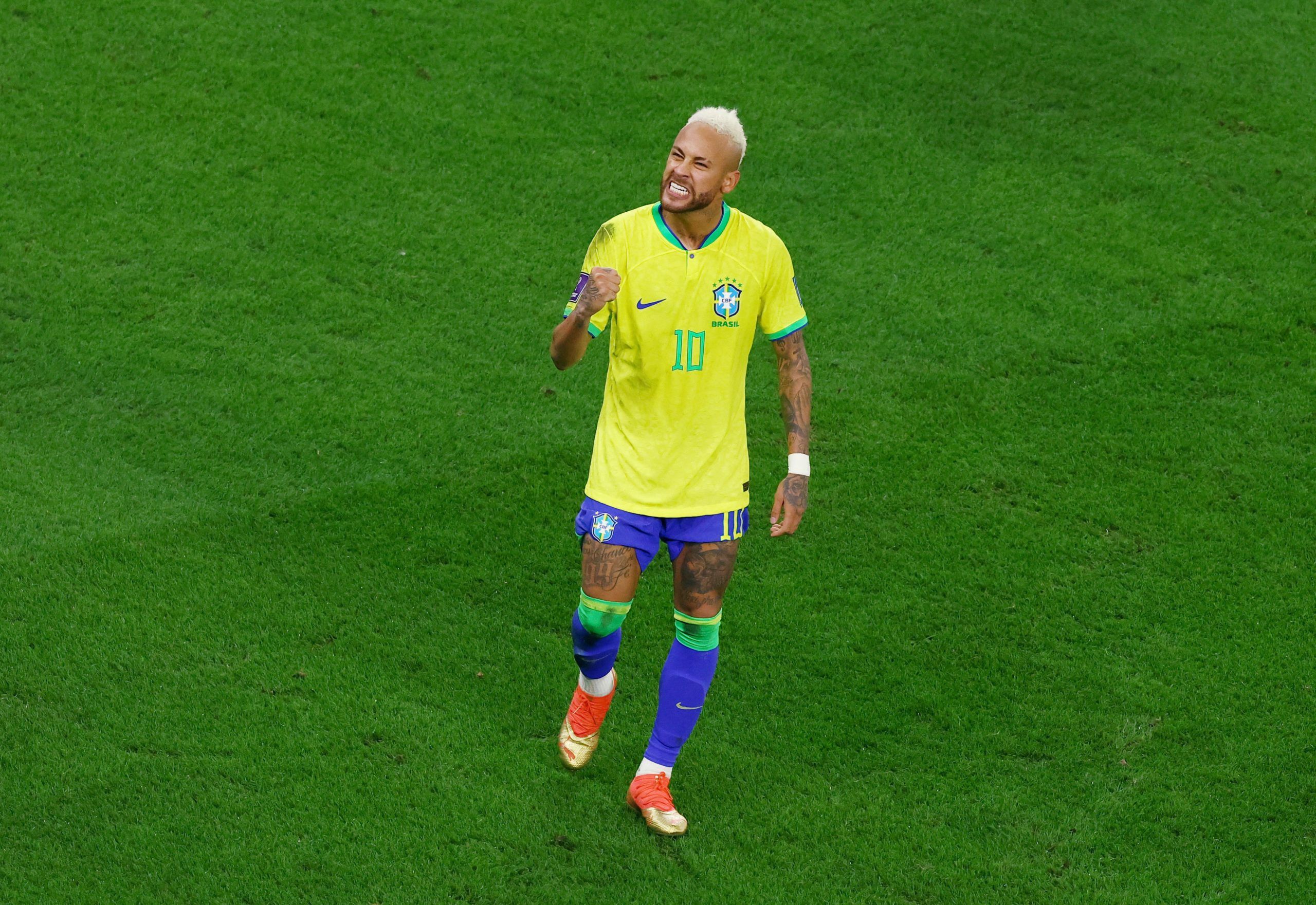 Soccer Football - FIFA World Cup Qatar 2022 - Quarter Final - Croatia v Brazil - Education City Stadium, Doha, Qatar - December 9, 2022 Brazil's Neymar celebrates scoring their first goal REUTERS/Lee Smith