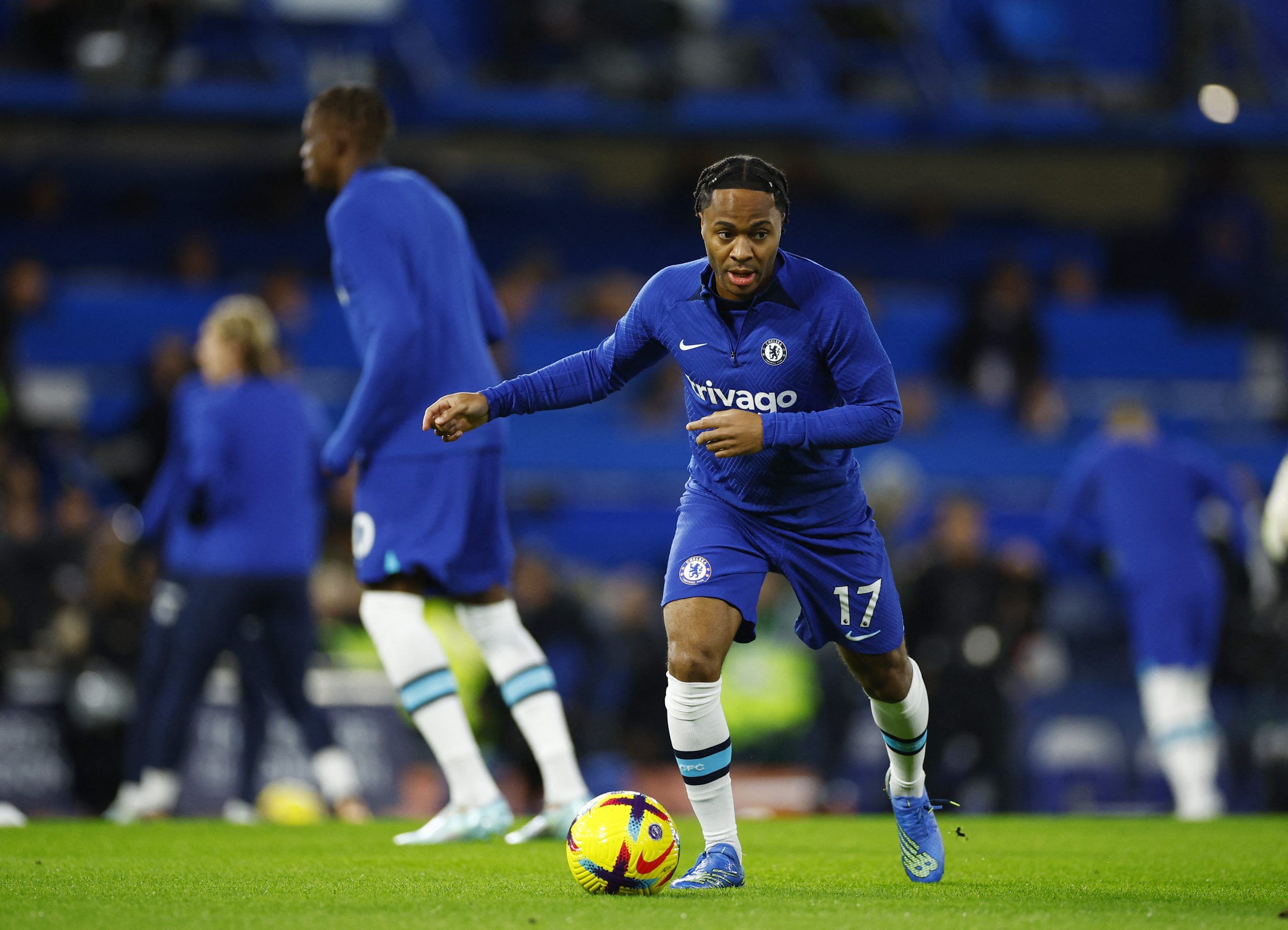 Soccer Football - Premier League - Chelsea v Manchester City - Stamford Bridge, London, Britain - January 5, 2023 Chelsea's Raheem Sterling during the warm up before the match Action Images via Reuters/John Sibley EDITORIAL USE ONLY. No use with unauthorized audio, video, data, fixture lists, club/league logos or 'live' services. Online in-match use limited to 75 images, no video emulation. No use in betting, games or single club /league/player publications.  Please contact your account represen