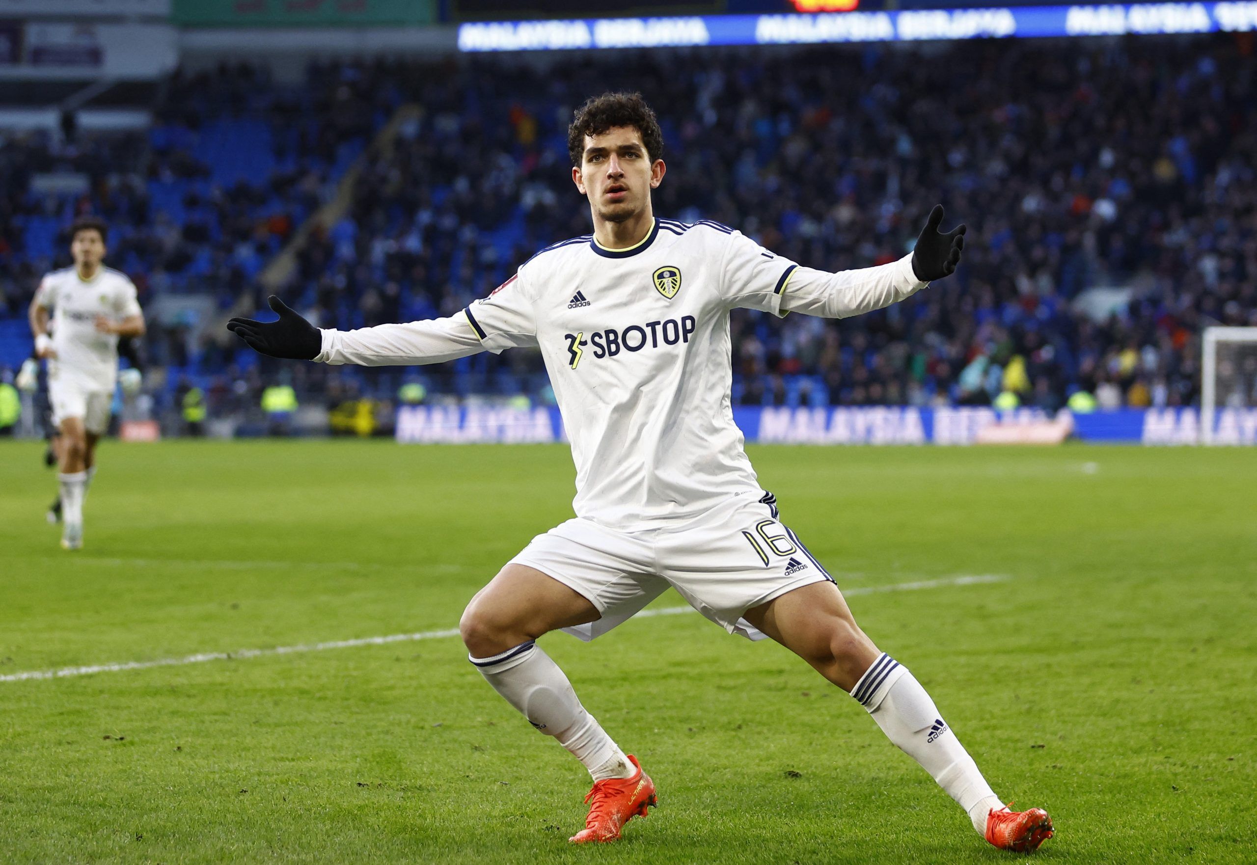 Soccer Football - FA Cup Third Round - Cardiff City v Leeds United - Cardiff City Stadium, Cardiff, Britain - January 8, 2023 Leeds United's Sonny Perkins celebrates scoring their second goal Action Images via Reuters/Peter Cziborra