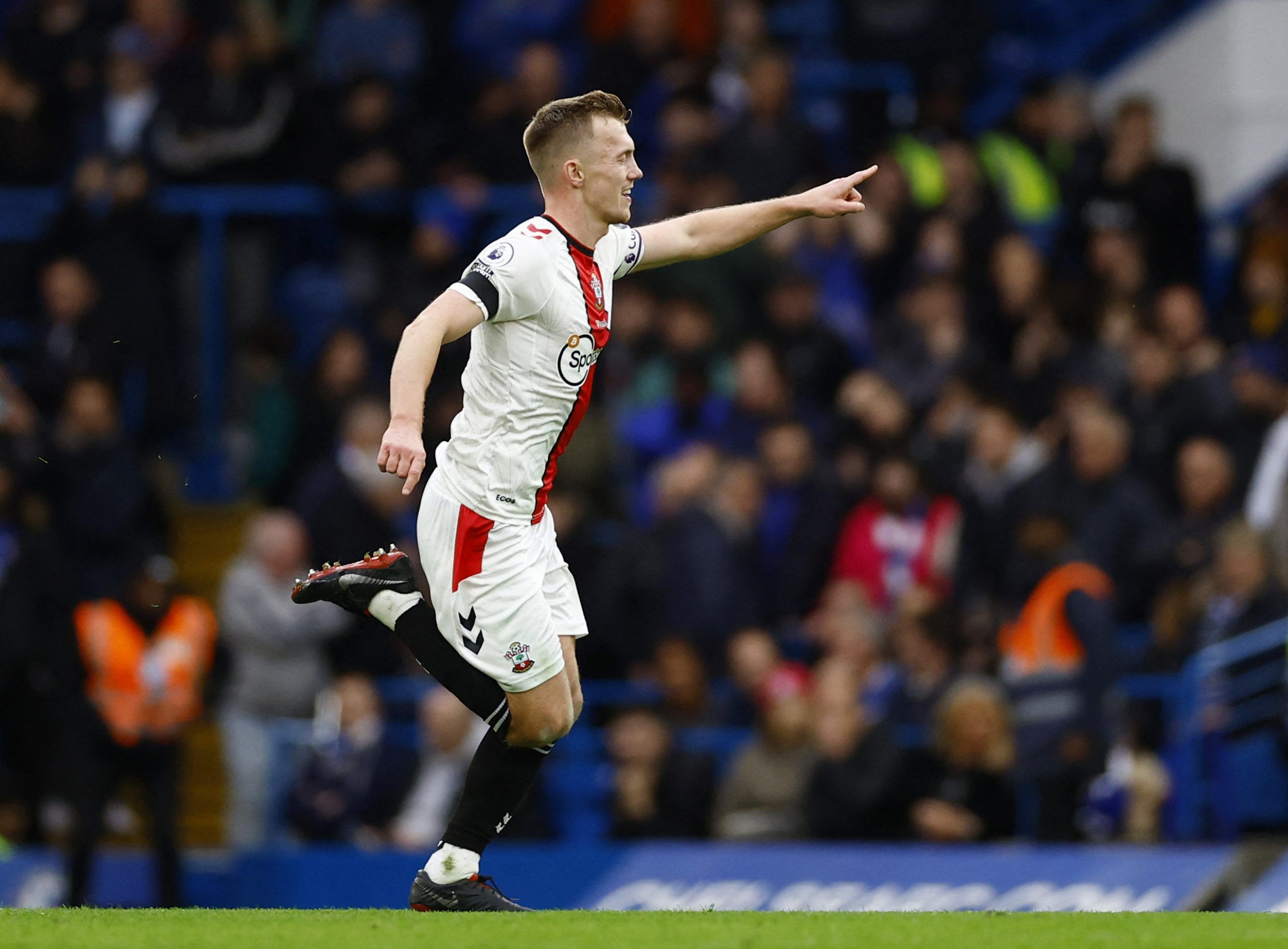 Soccer Football - Premier League - Chelsea v Southampton - Stamford Bridge, London, Britain - February 18, 2023 Southampton's James Ward-Prowse celebrates scoring their first goal Action Images via Reuters/Andrew Boyers EDITORIAL USE ONLY. No use with unauthorized audio, video, data, fixture lists, club/league logos or 'live' services. Online in-match use limited to 75 images, no video emulation. No use in betting, games or single club /league/player publications.  Please contact your account re