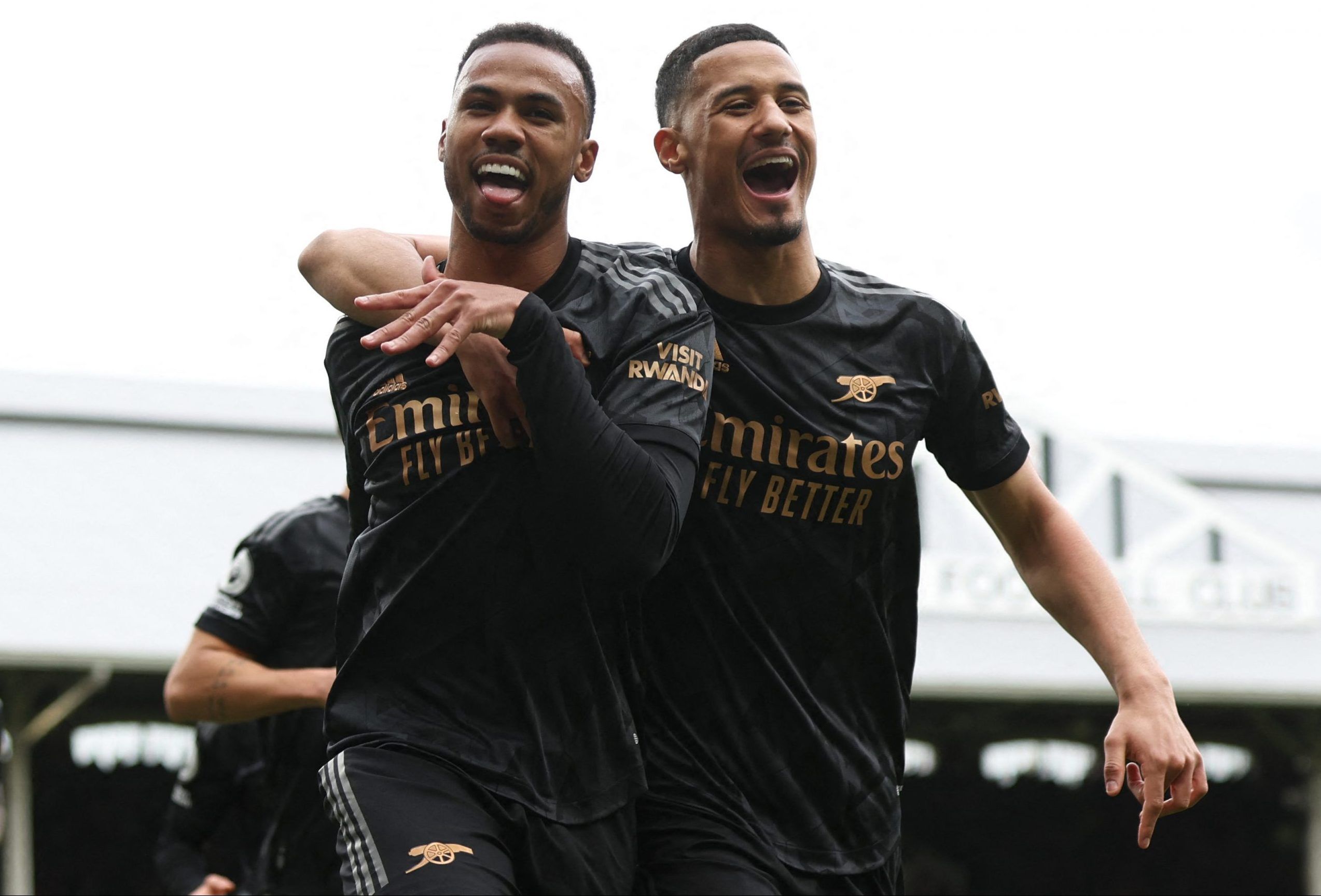 Soccer Football - Premier League - Fulham v Arsenal - Craven Cottage, London, Britain - March 12, 2023 Arsenal's Gabriel celebrates scoring their first goal with William Saliba REUTERS/David Klein EDITORIAL USE ONLY. No use with unauthorized audio, video, data, fixture lists, club/league logos or 'live' services. Online in-match use limited to 75 images, no video emulation. No use in betting, games or single club /league/player publications.  Please contact your account representative for furthe