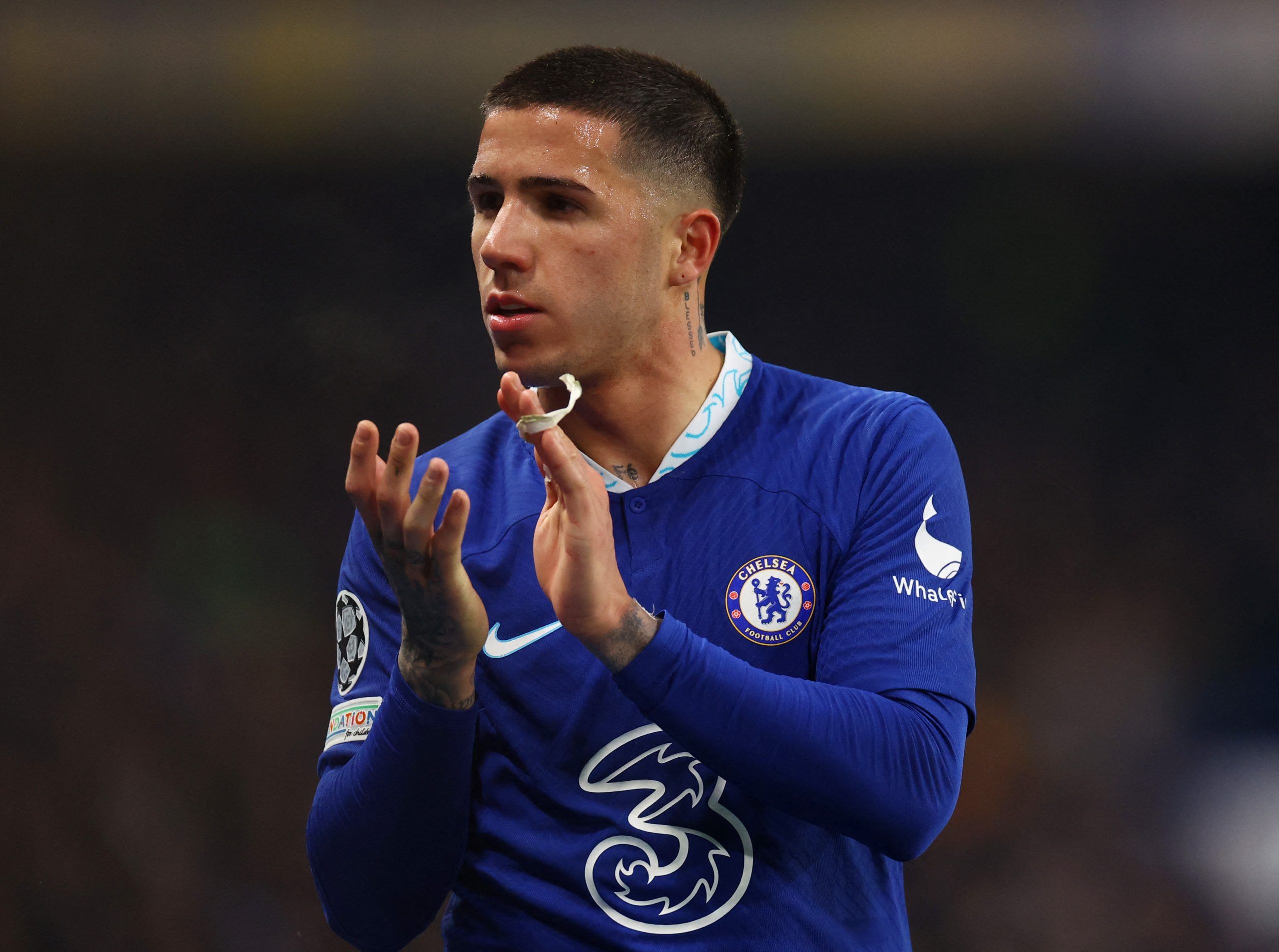 Soccer Football - Champions League - Round of 16 - Second Leg - Chelsea v Borussia Dortmund - Stamford Bridge, London, Britain - March 7, 2023 Chelsea's Enzo Fernandez applauds fans after being substituted REUTERS/Hannah Mckay