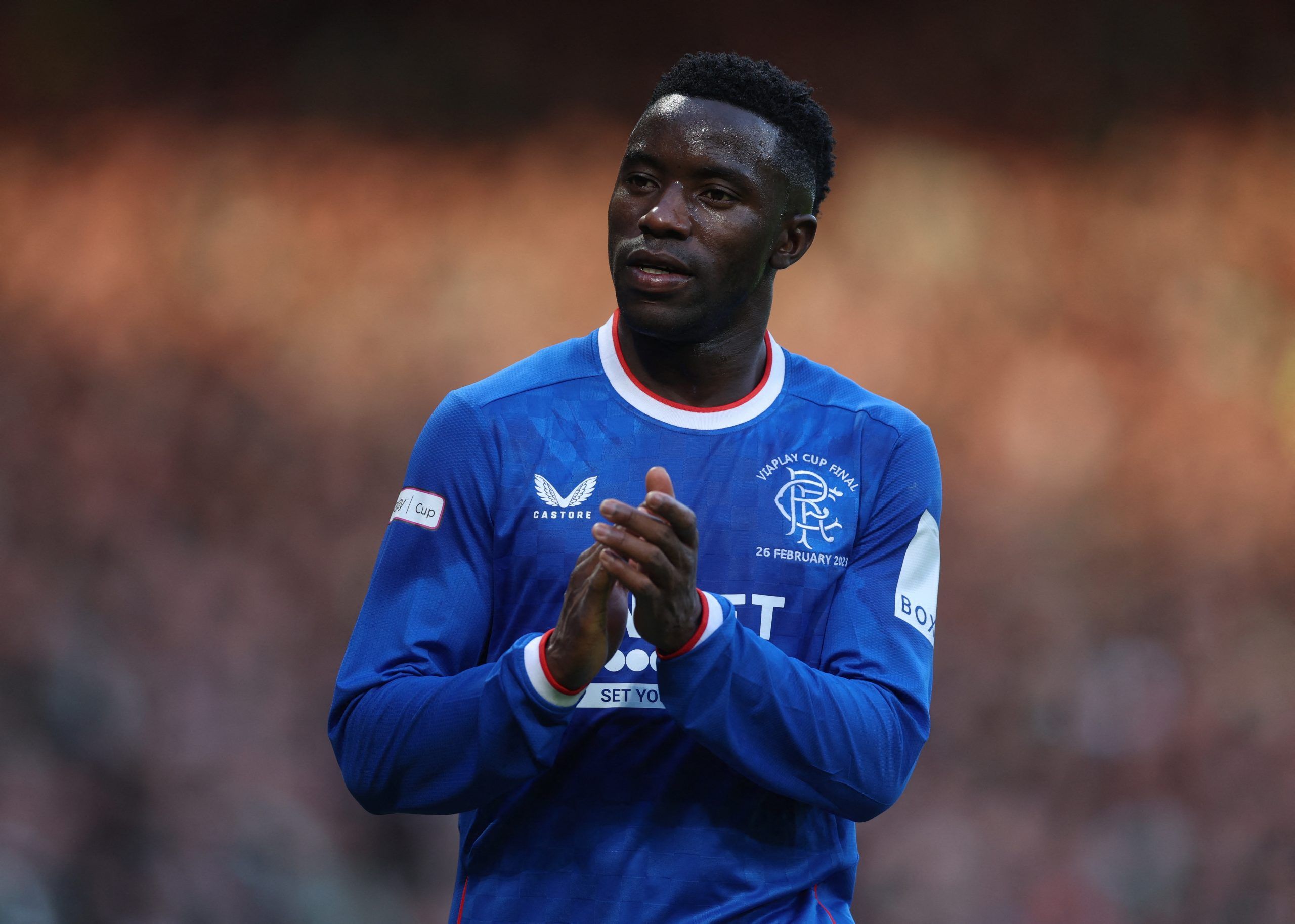Soccer Football - Scottish League Cup - Final - Rangers v Celtic - Hampden Park, Glasgow, Scotland, Britain - February 26, 2023 Rangers' Fashion Sakala applauds the fans as he is substituted off Action Images via Reuters/Lee Smith