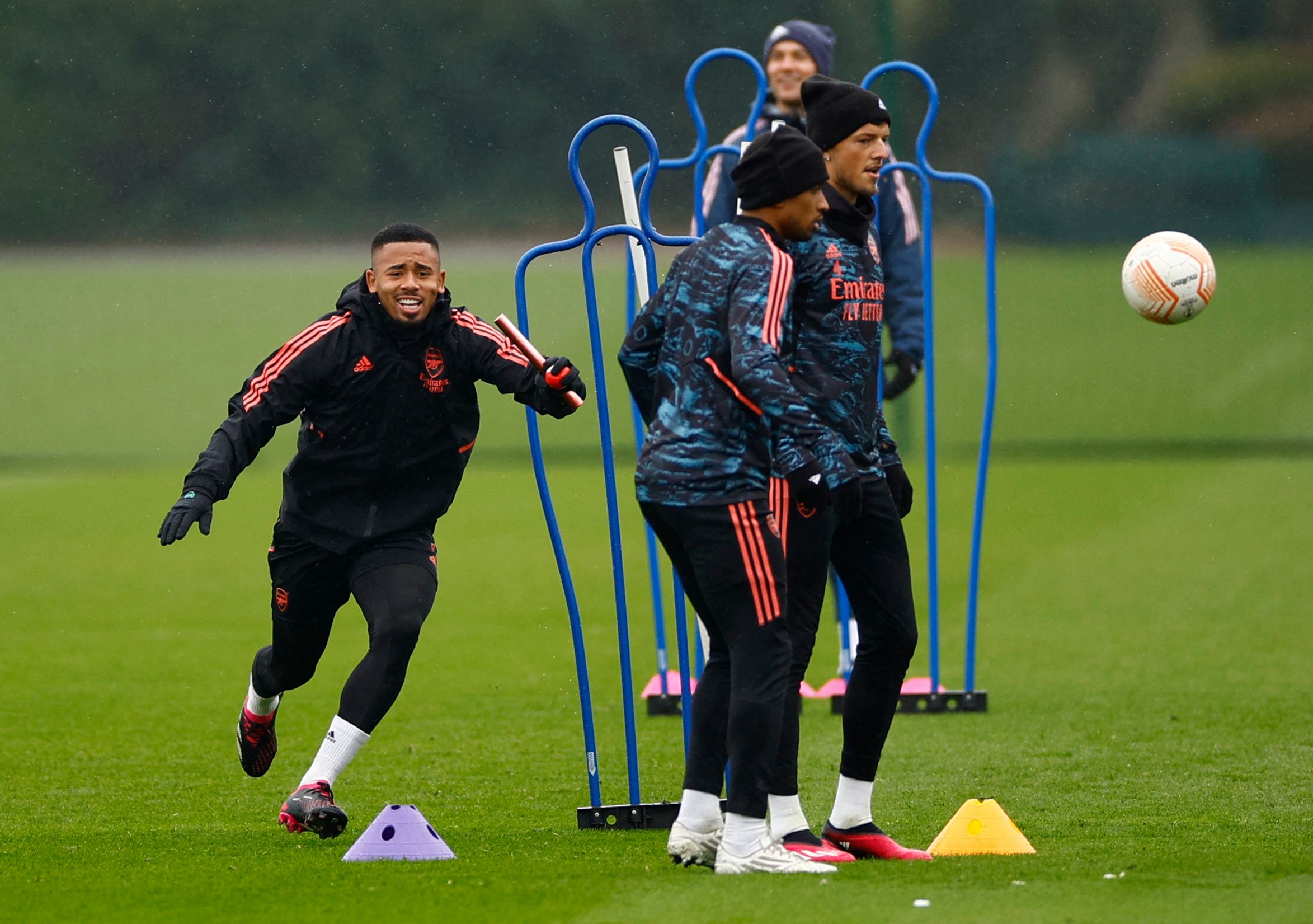 Soccer Football - Europa League - Arsenal Training - Arsenal Training Centre, London Colney, Britain - March 8, 2023 Arsenal's Ben White, Reiss Nelson and Gabriel Jesus during training Action Images via Reuters/John Sibley