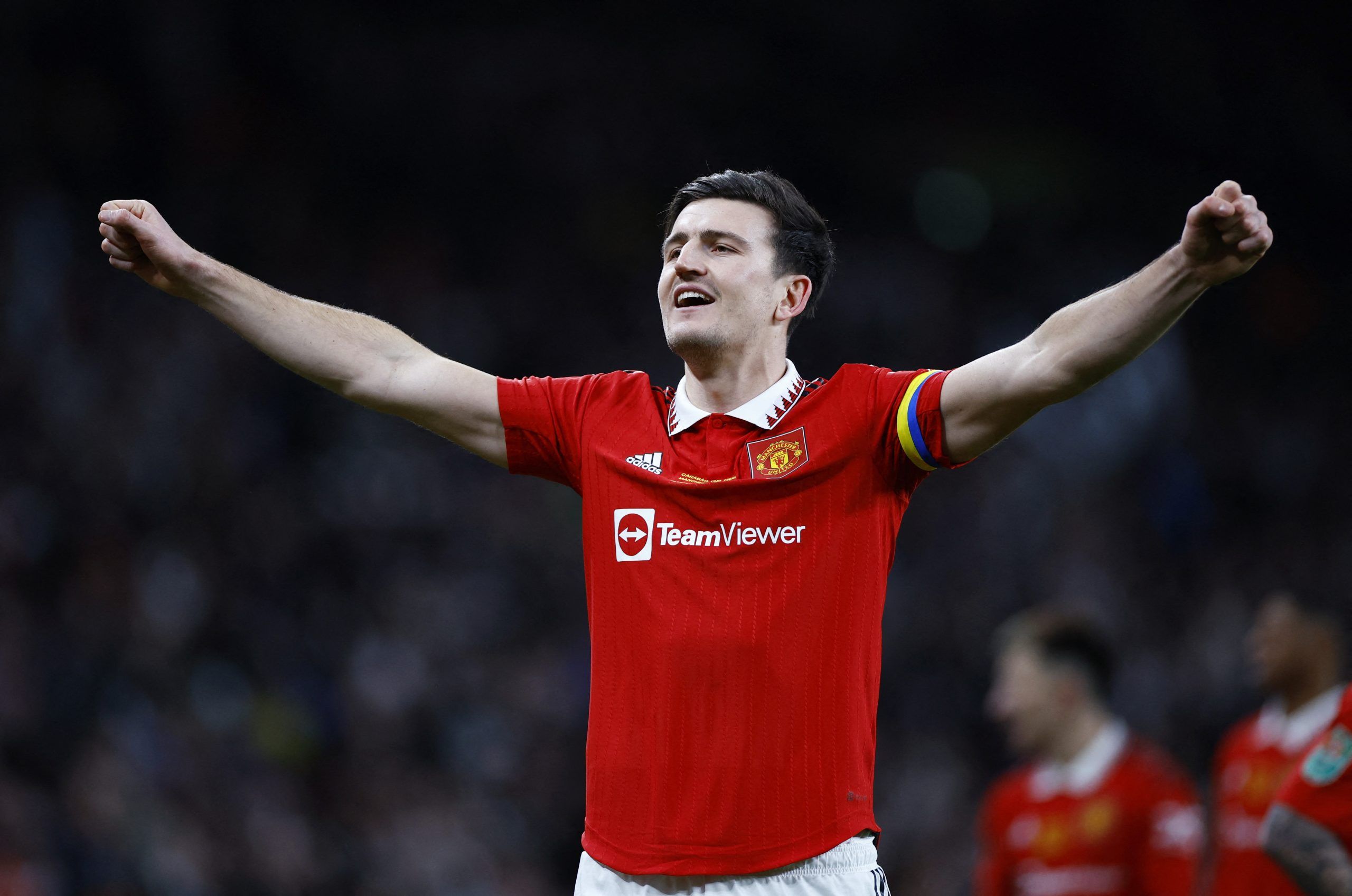 Soccer Football - Carabao Cup - Final - Manchester United v Newcastle United - Wembley Stadium, London, Britain - February 26, 2023  Manchester United's Harry Maguire celebrates after winning the Carabao Cup final Action Images via Reuters/John Sibley EDITORIAL USE ONLY. No use with unauthorized audio, video, data, fixture lists, club/league logos or 'live' services. Online in-match use limited to 75 images, no video emulation. No use in betting, games or single club /league/player publications.