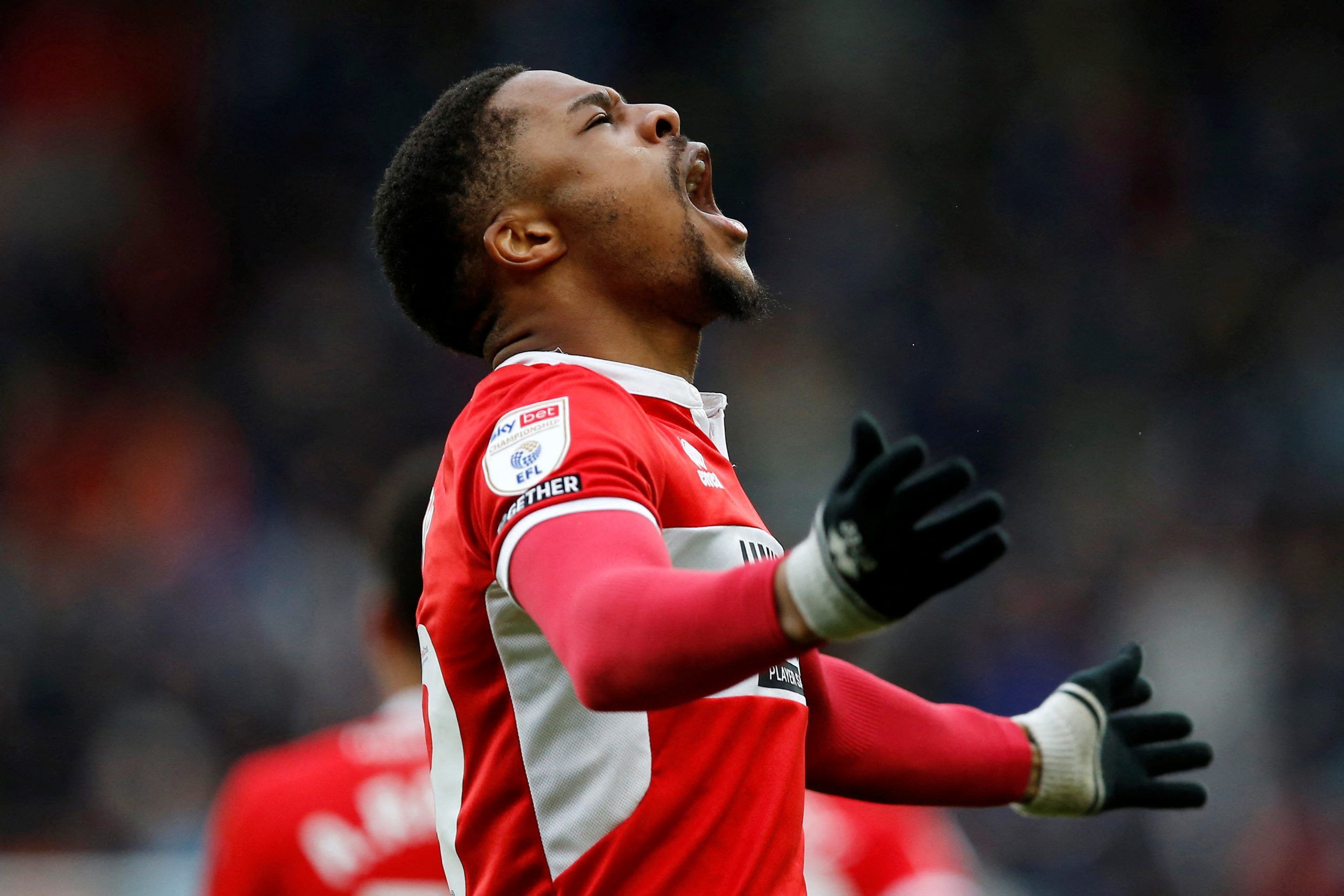 Soccer Football - Championship - Middlesbrough v Reading - Riverside Stadium, Middlesbrough, Britain - March 4, 2023 Middlesbrough's Chuba Akpom celebrates after he scores their third goal  Action Images/Craig Brough  EDITORIAL USE ONLY. No use with unauthorized audio, video, data, fixture lists, club/league logos or 