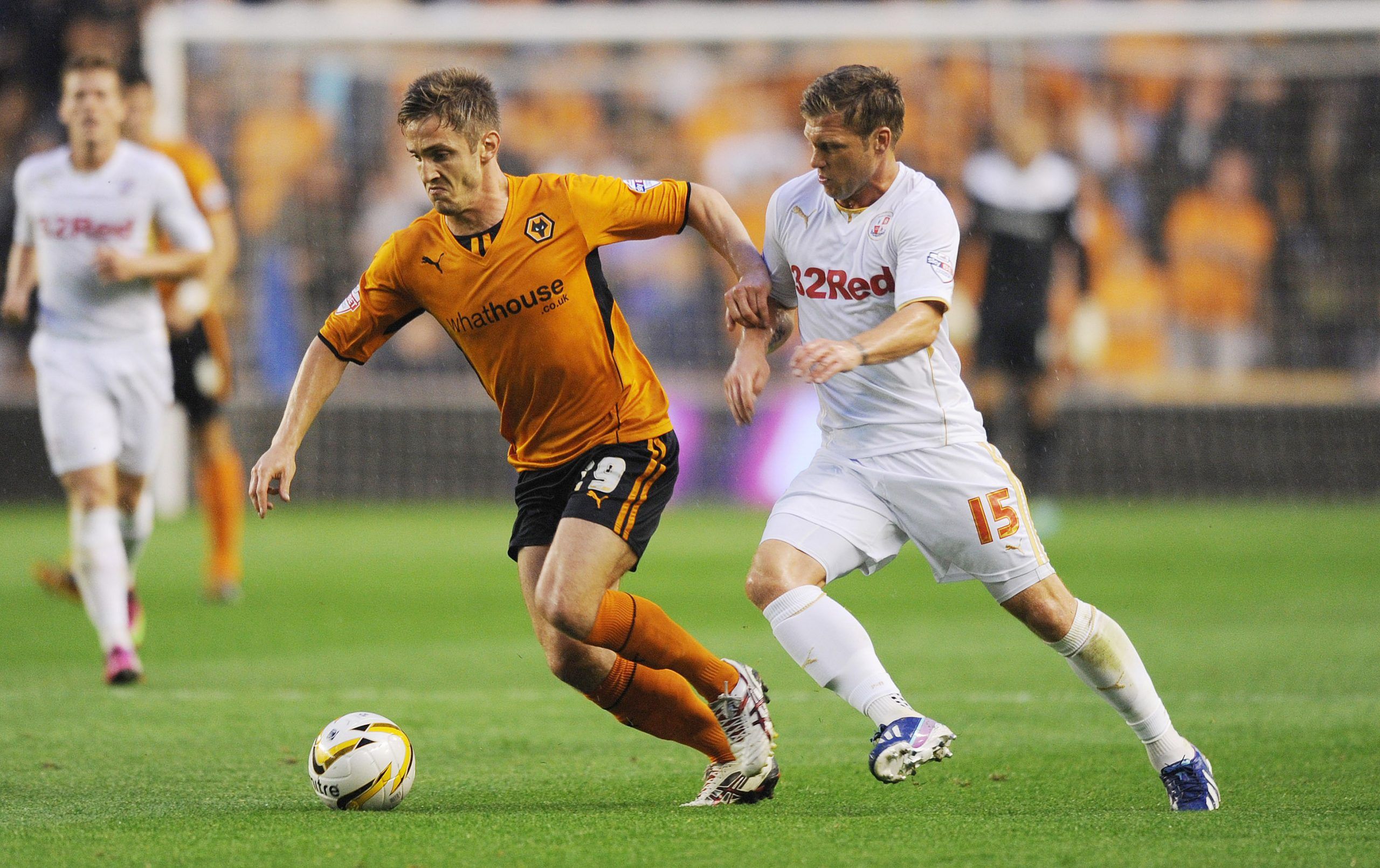 Football - Wolverhampton Wanderers v Crawley Town - Sky Bet Football League One - Molineux - 23/8/13 
Kevin Doyle of Wolves and Crawley's Dannie Bulman (R) in action 
Mandatory Credit: Action Images / Alex Morton 
Livepic 
EDITORIAL USE ONLY. No use with unauthorized audio, video, data, fixture lists, club/league logos or live services. Online in-match use limited to 45 images, no video emulation. No use in betting, games or single club/league/player publications.  Please contact your account re