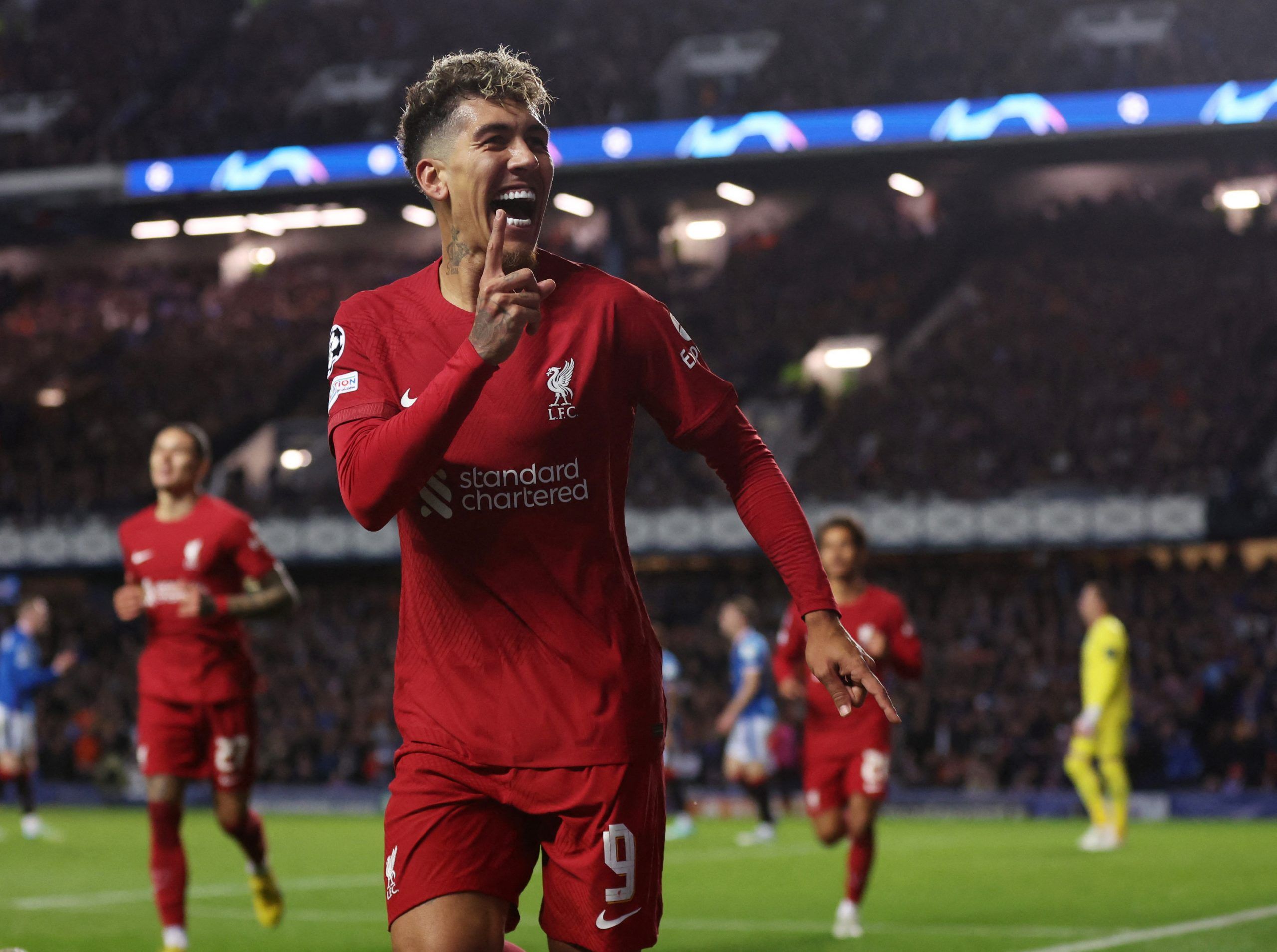 Soccer Football - Champions League - Group A - Rangers v Liverpool - Ibrox Stadium, Glasgow, Scotland, Britain - October 12, 2022  Liverpool's Roberto Firmino celebrates scoring their second goal Action Images via Reuters/Lee Smith