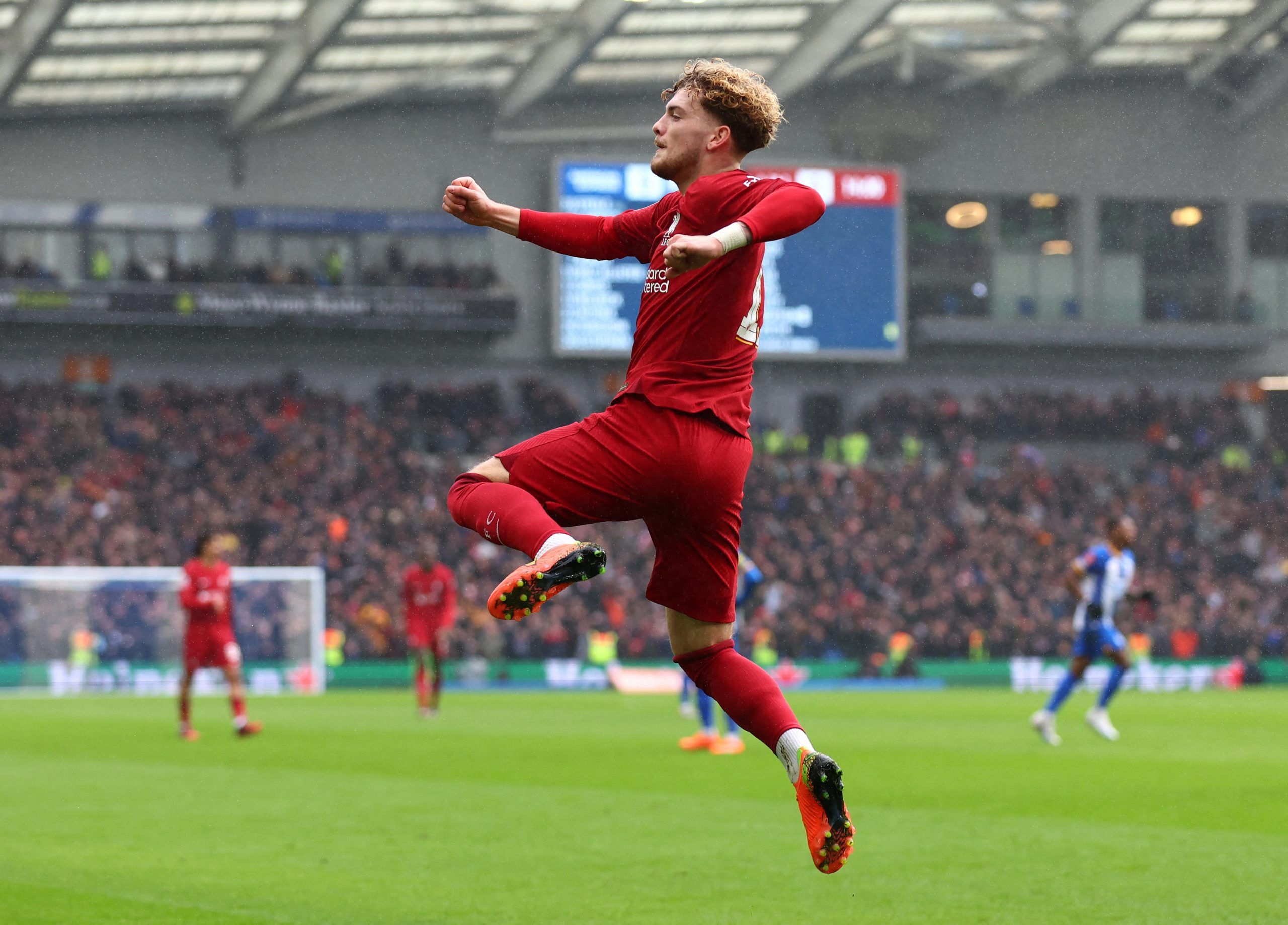 Soccer Football - FA Cup - Fourth Round - Brighton &amp; Hove Albion v Liverpool - The American Express Community Stadium, Brighton, Britain - January 29, 2023 Liverpool's Harvey Elliott celebrates scoring their first goal REUTERS/David Klein