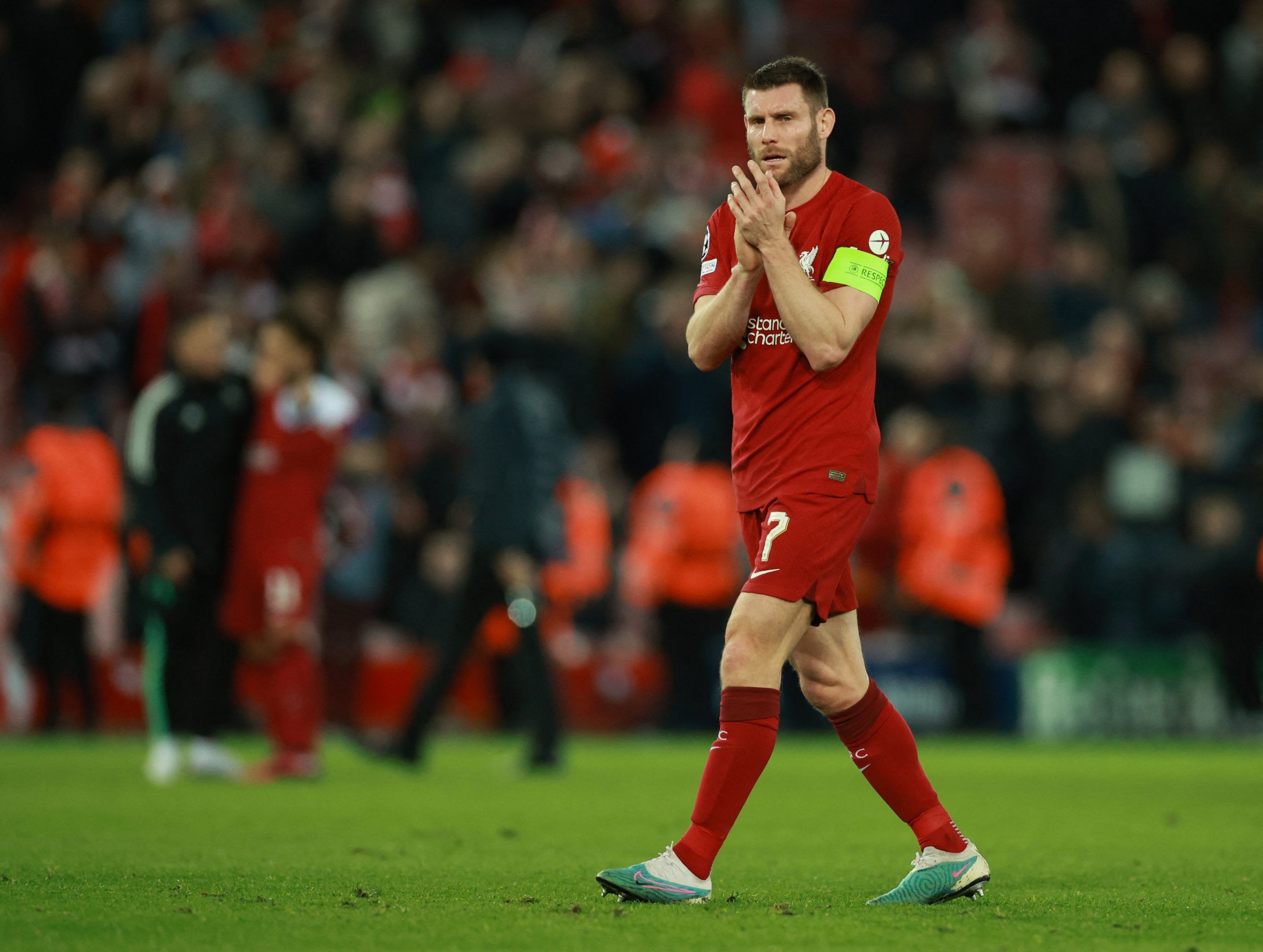 Soccer Football - Champions League - Round of 16 First Leg - Liverpool v Real Madrid - Anfield, Liverpool, Britain - February 21, 2023  Liverpool's James Milner looks dejected after the match REUTERS/Phil Noble
