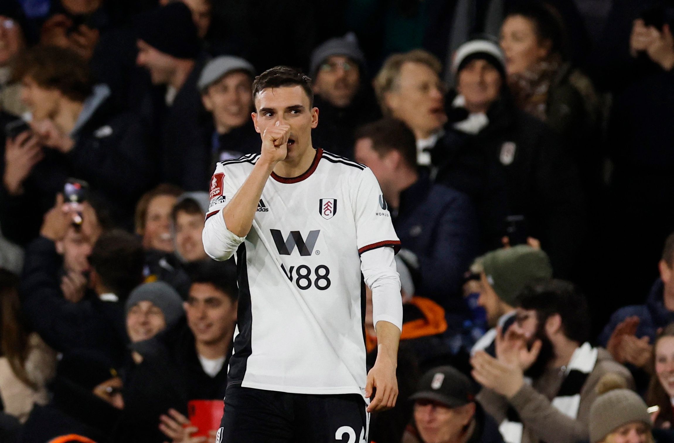 Soccer Football - FA Cup - Fifth Round - Fulham v Leeds United - Craven Cottage, London, Britain - February 28, 2023 Fulham's Joao Palhinha celebrates scoring their first goal Action Images via Reuters/Andrew Couldridge