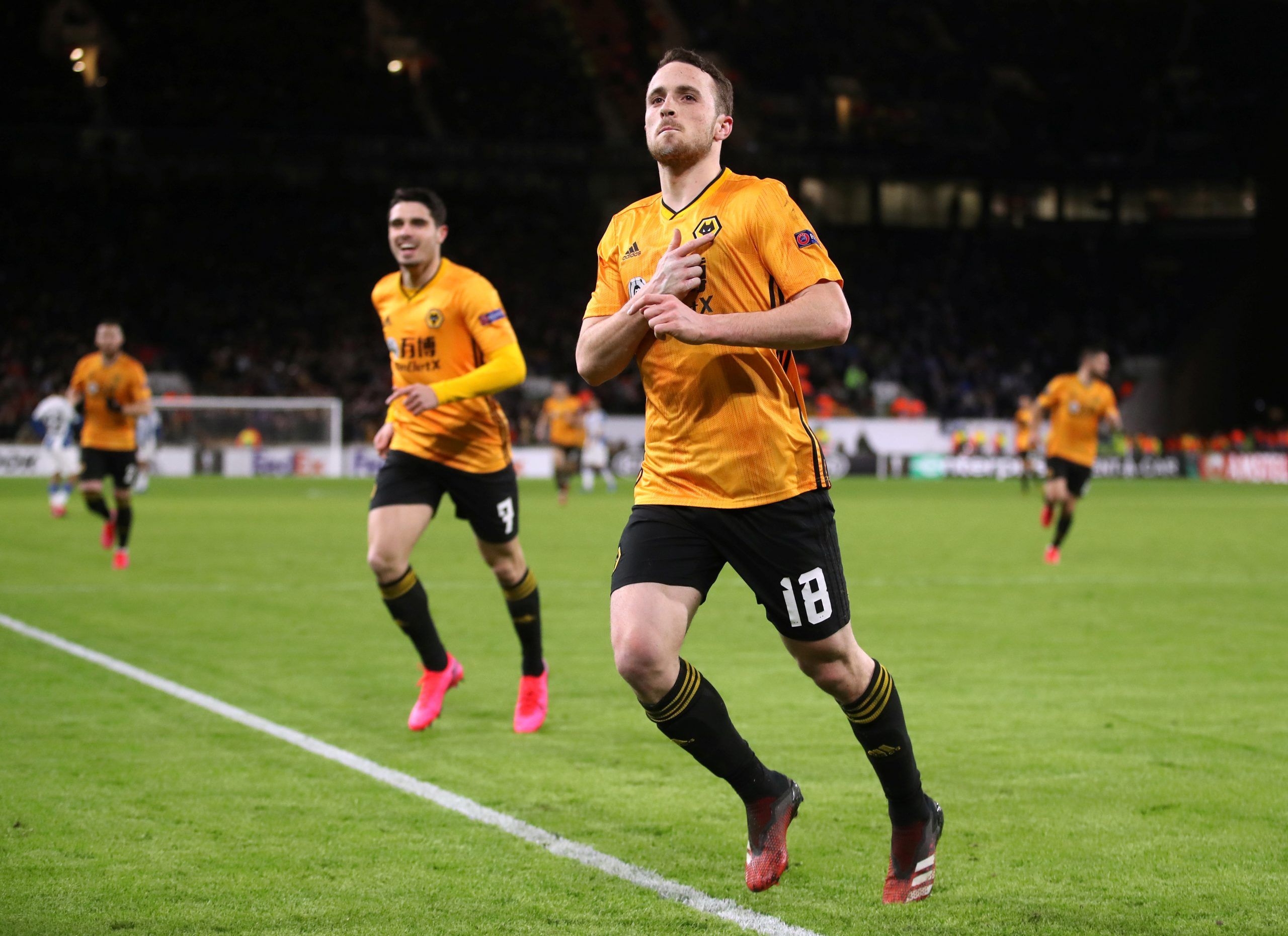 Soccer Football - Europa League - Round of 32 First Leg - Wolverhampton Wanderers v Espanyol - Molineux Stadium, Wolverhampton, Britain - February 20, 2020   Wolverhampton Wanderers' Diogo Jota celebrates scoring their fourth goal and completing his hat-trick   Action Images via Reuters/Carl Recine