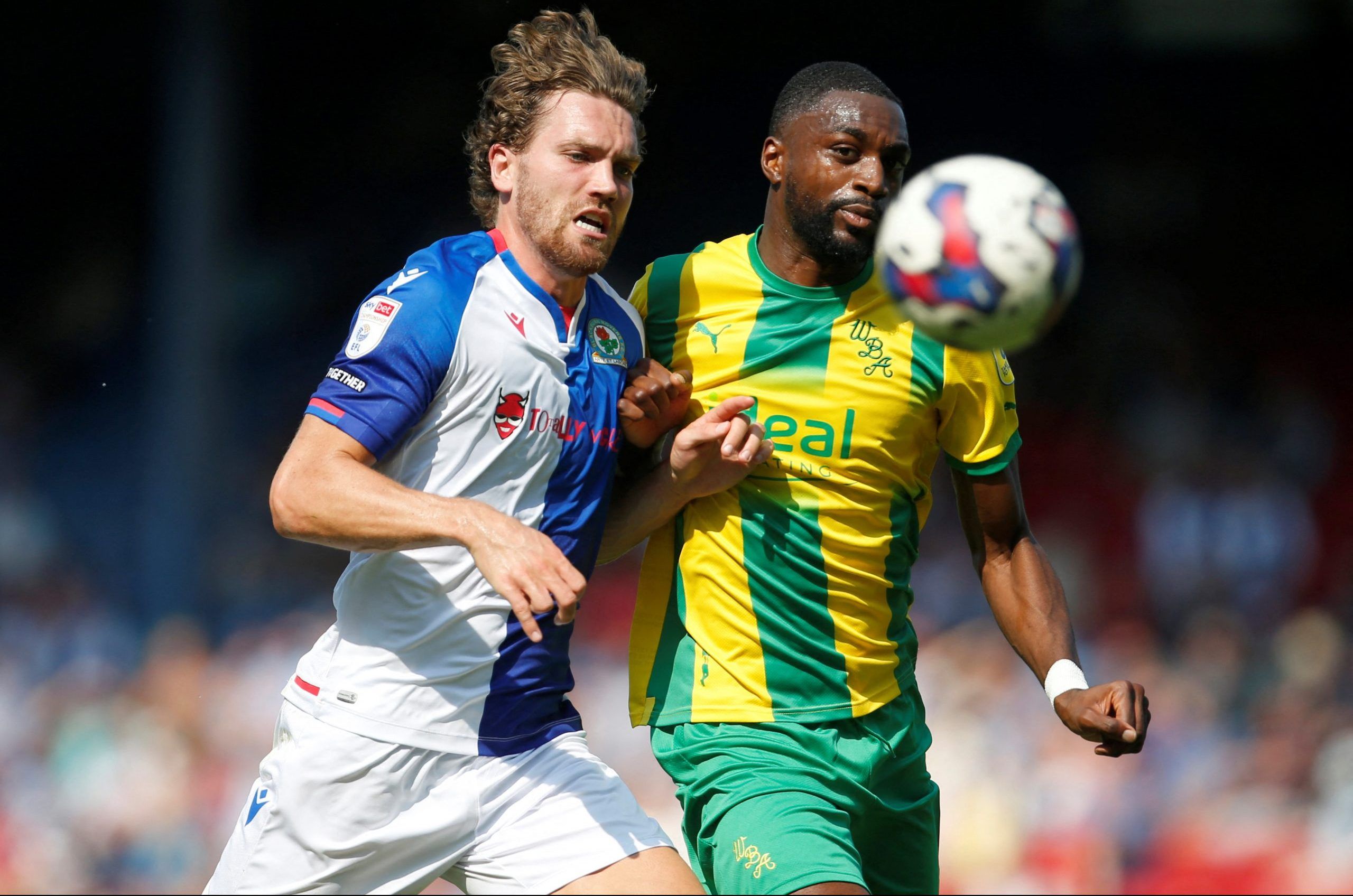 Soccer Football - Championship - Blackburn Rovers v West Bromwich Albion - Ewood Park, Blackburn, Britain - August 14, 2022 Blackburn Rovers' Sam Gallagher in action with West Bromwich Albion's Semi Ajayi  Action Images/Ed Sykes  EDITORIAL USE ONLY. No use with unauthorized audio, video, data, fixture lists, club/league logos or 