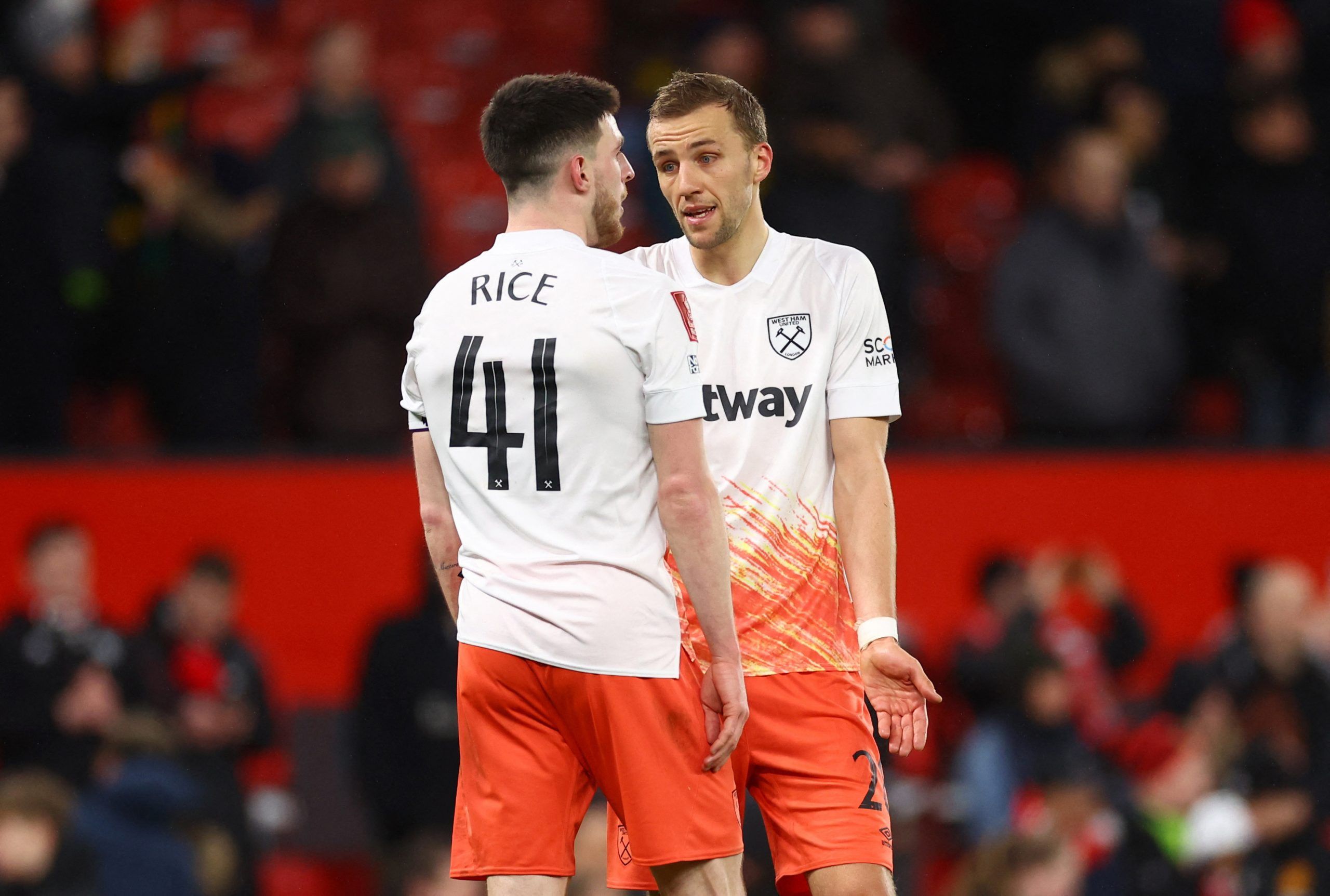 Soccer Football - FA Cup - Fifth Round - Manchester United v West Ham United - Old Trafford, Manchester, Britain - March 1, 2023 West Ham United's Declan Rice and Tomas Soucek look dejected after the match REUTERS/Carl Recine