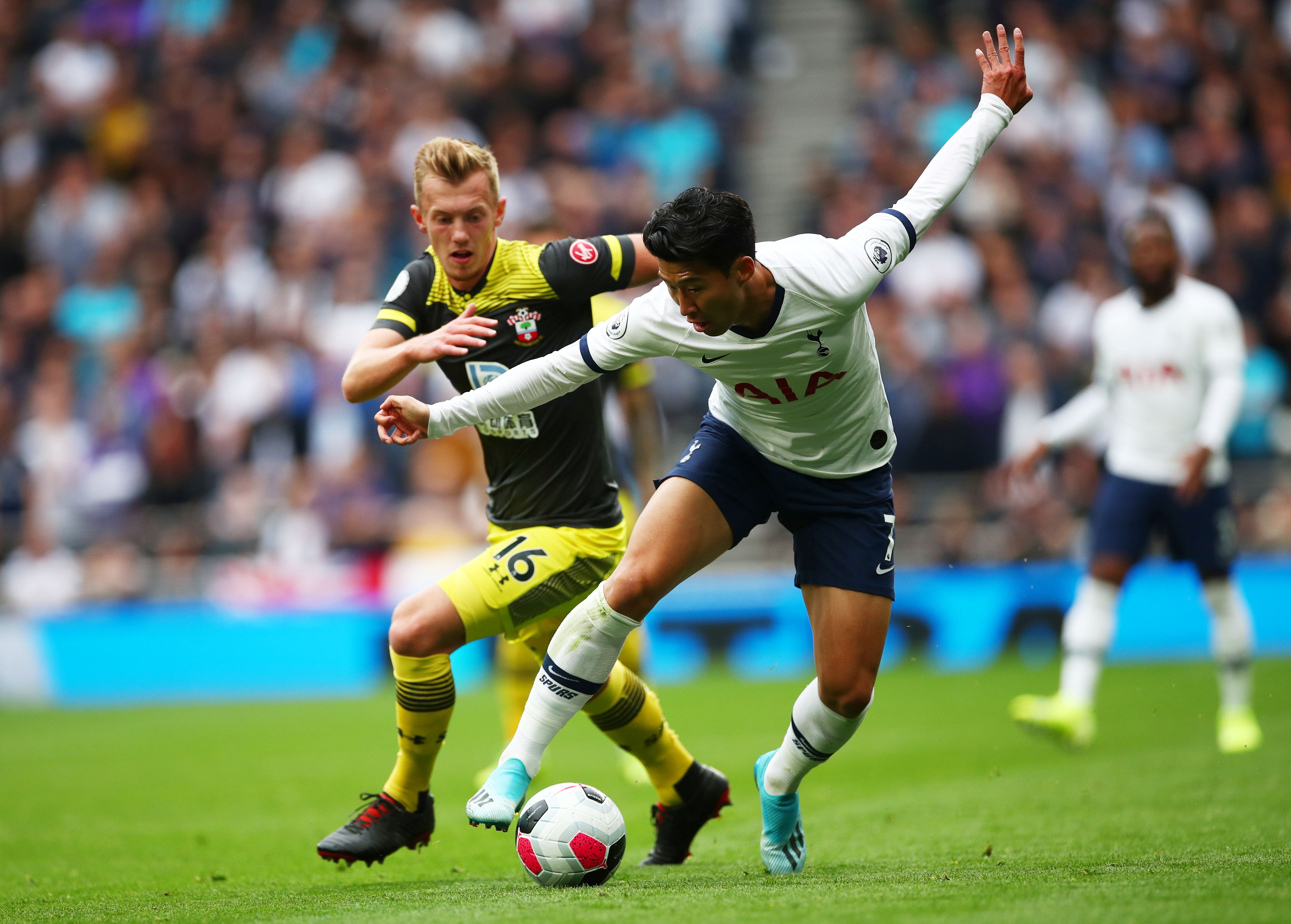 Tottenham Hotspur's Son Heung-min in action with Southampton's James Ward-Prowse