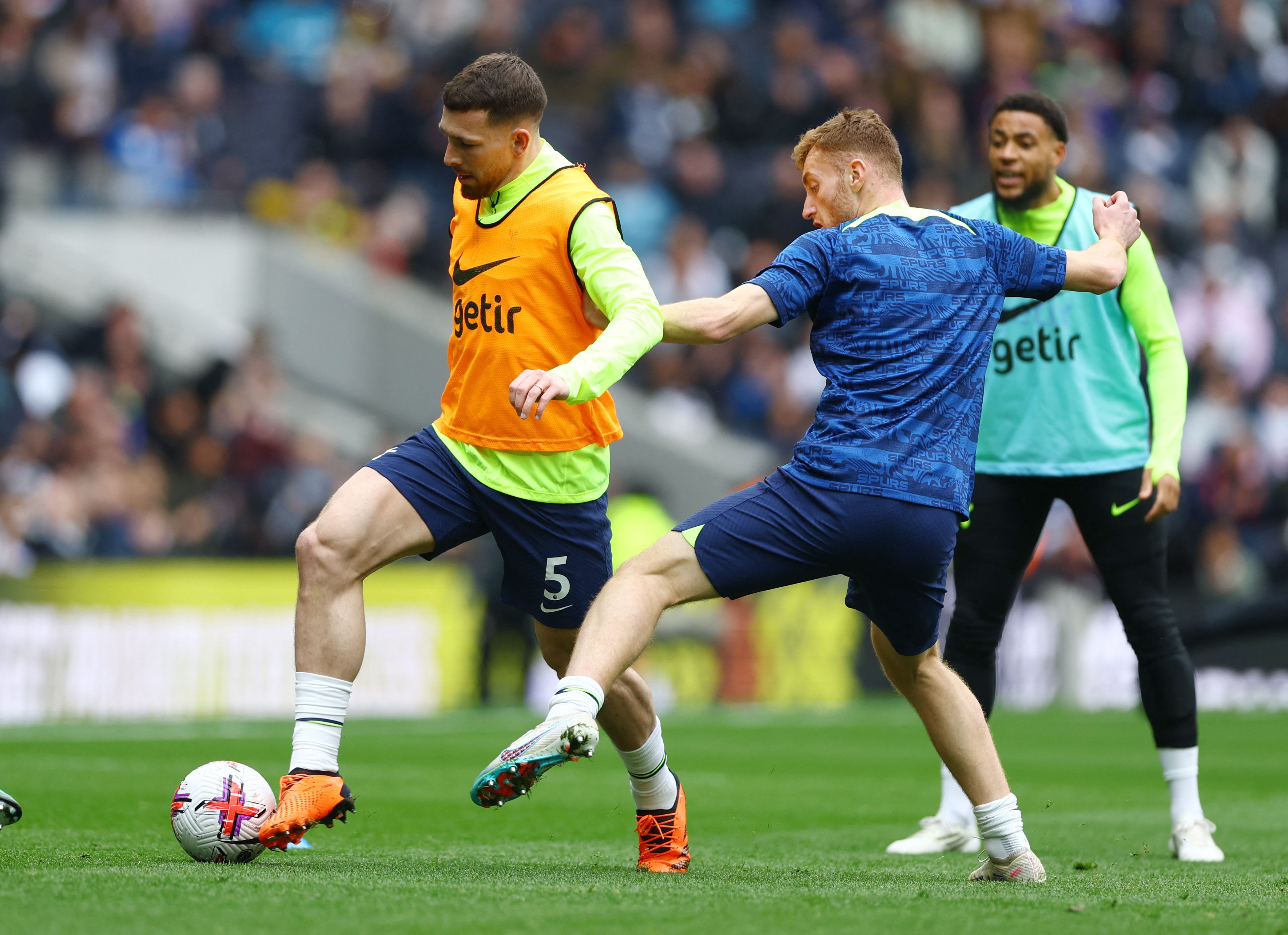 Tottenham Hotspur's Pierre-Emile Hojbjerg and Dejan Kulusevski during the warm up before the match