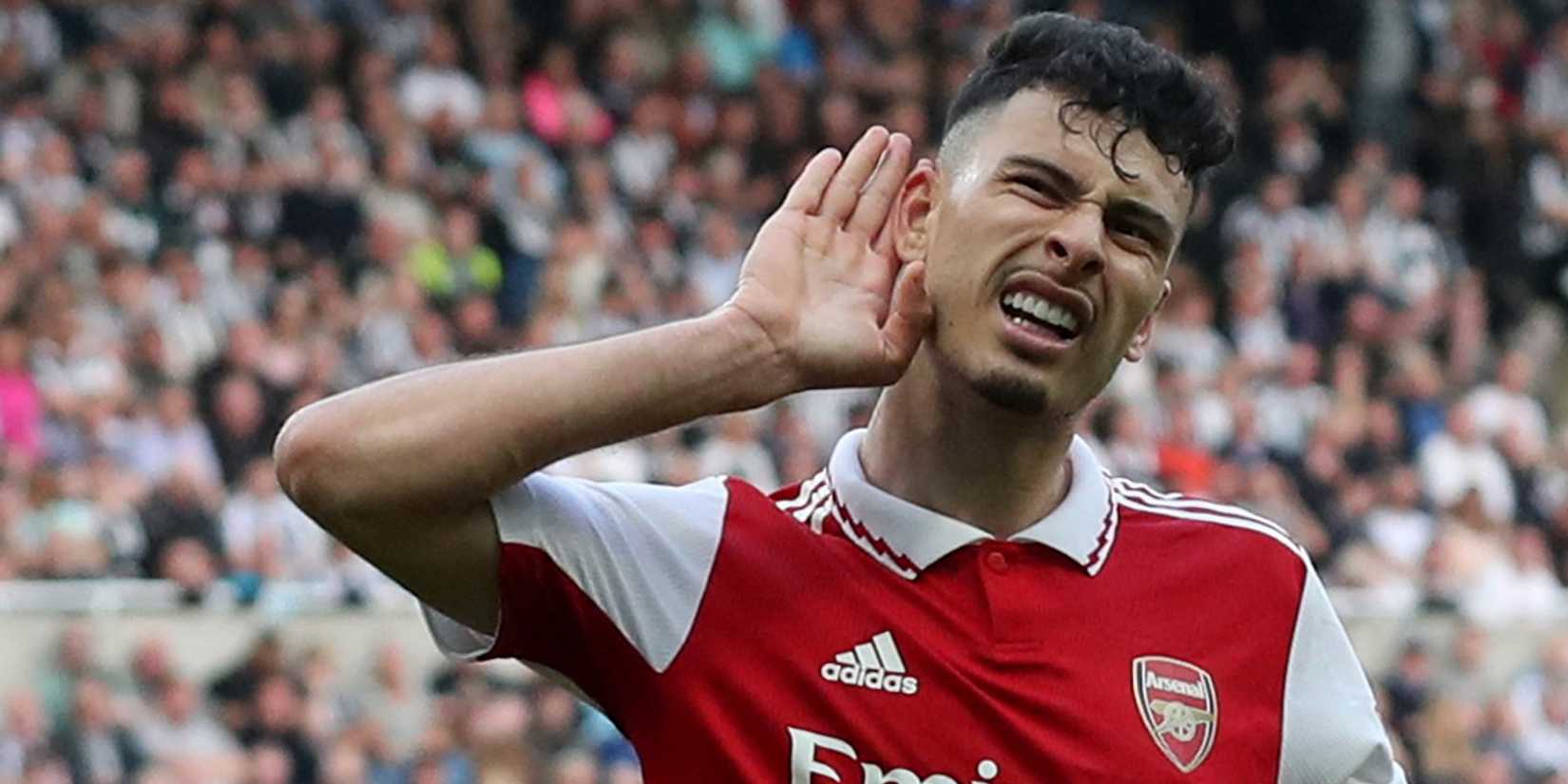 Gabriel Martinelli celebrates Arsenal after Fabian Sar from Newcastle United scored a special goal