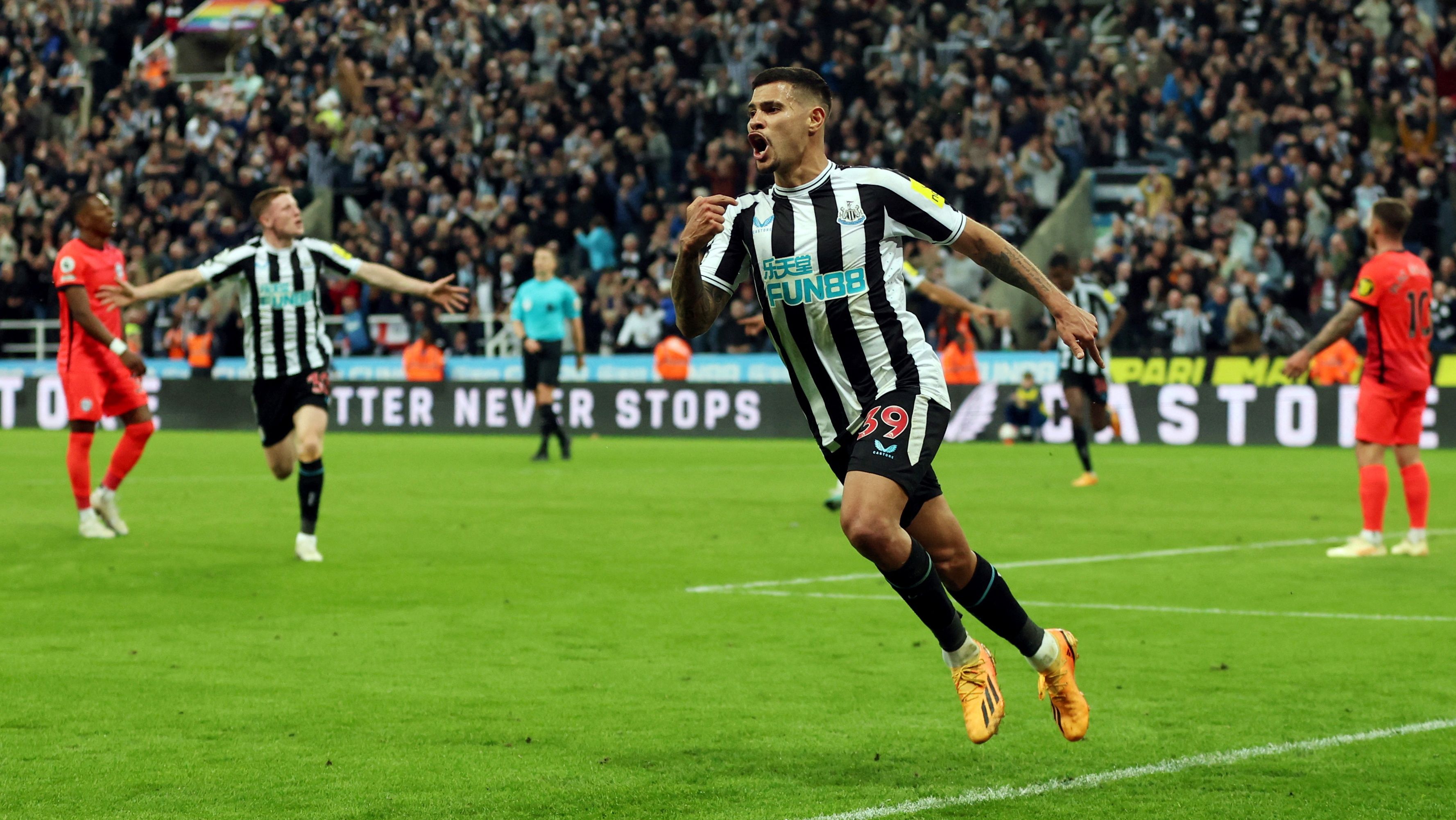 Bruno Guimaraes celebrates for Newcastle United against Brighton & Hove Albion