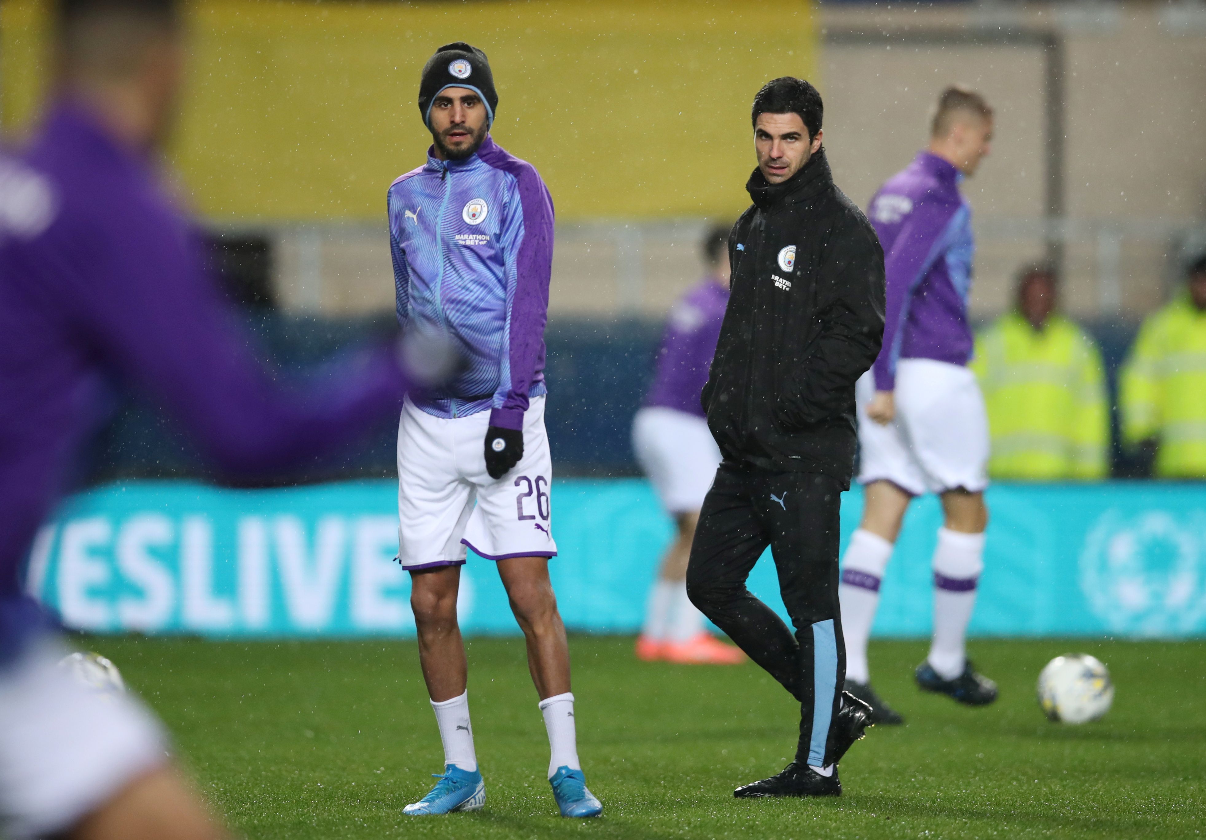 Manchester City assistant manager Mikel Arteta with Riyad Mahrez before the match