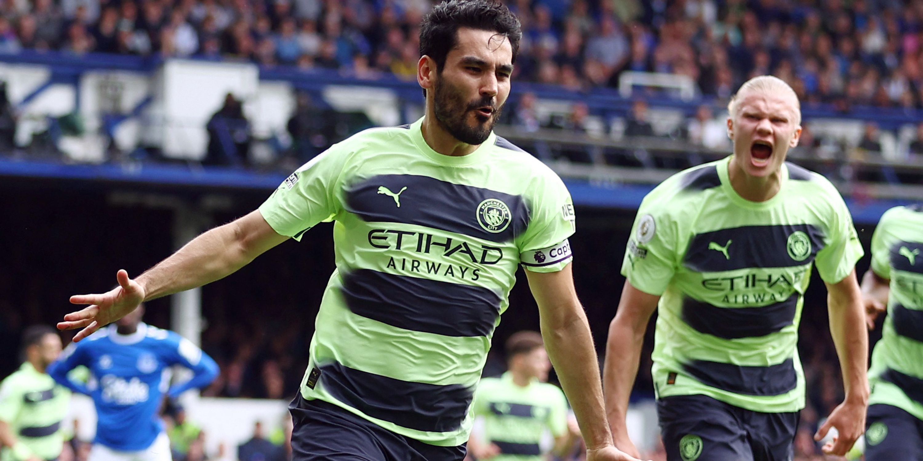Manchester City's Ilkay Gundogan celebrates scoring their first goal with teammate Erling Braut Haaland