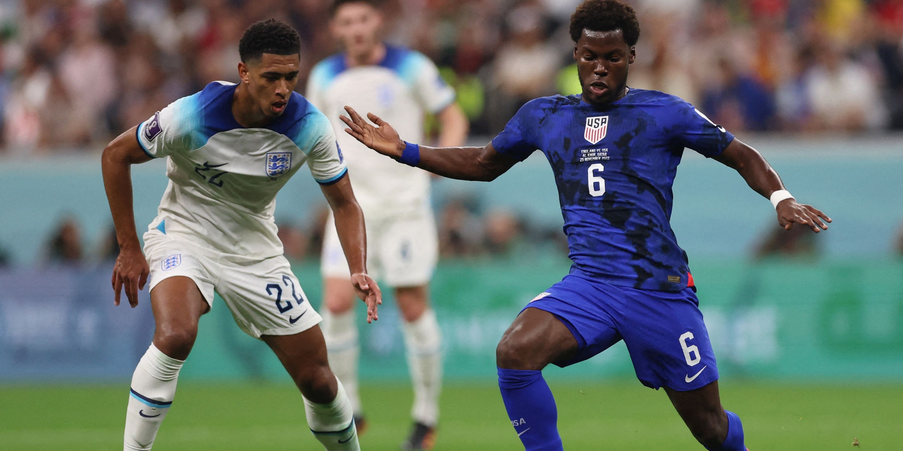 Yunus Musah of the U.S. in action with England's Jude Bellingham