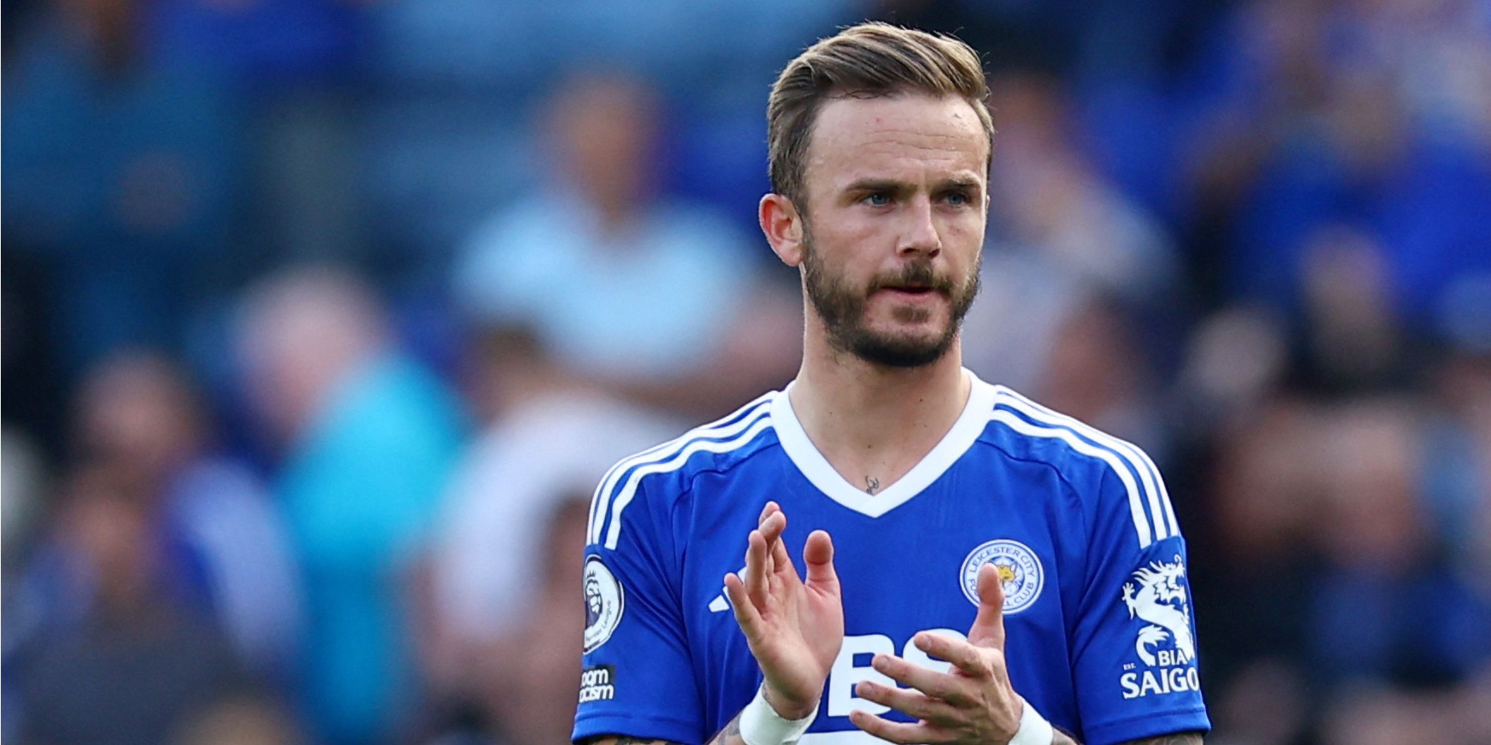 James Maddison applauds the Leicester City fans