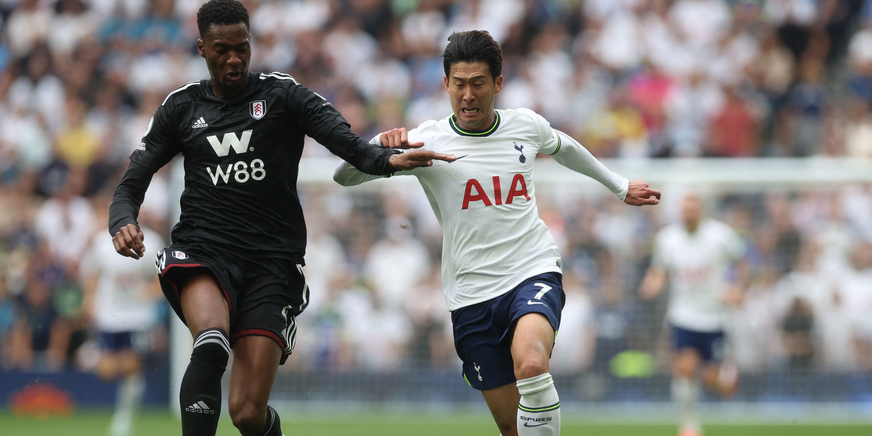 Tottenham Hotspur's Son Heung-min in action with Fulham's Tosin Adarabioyo
