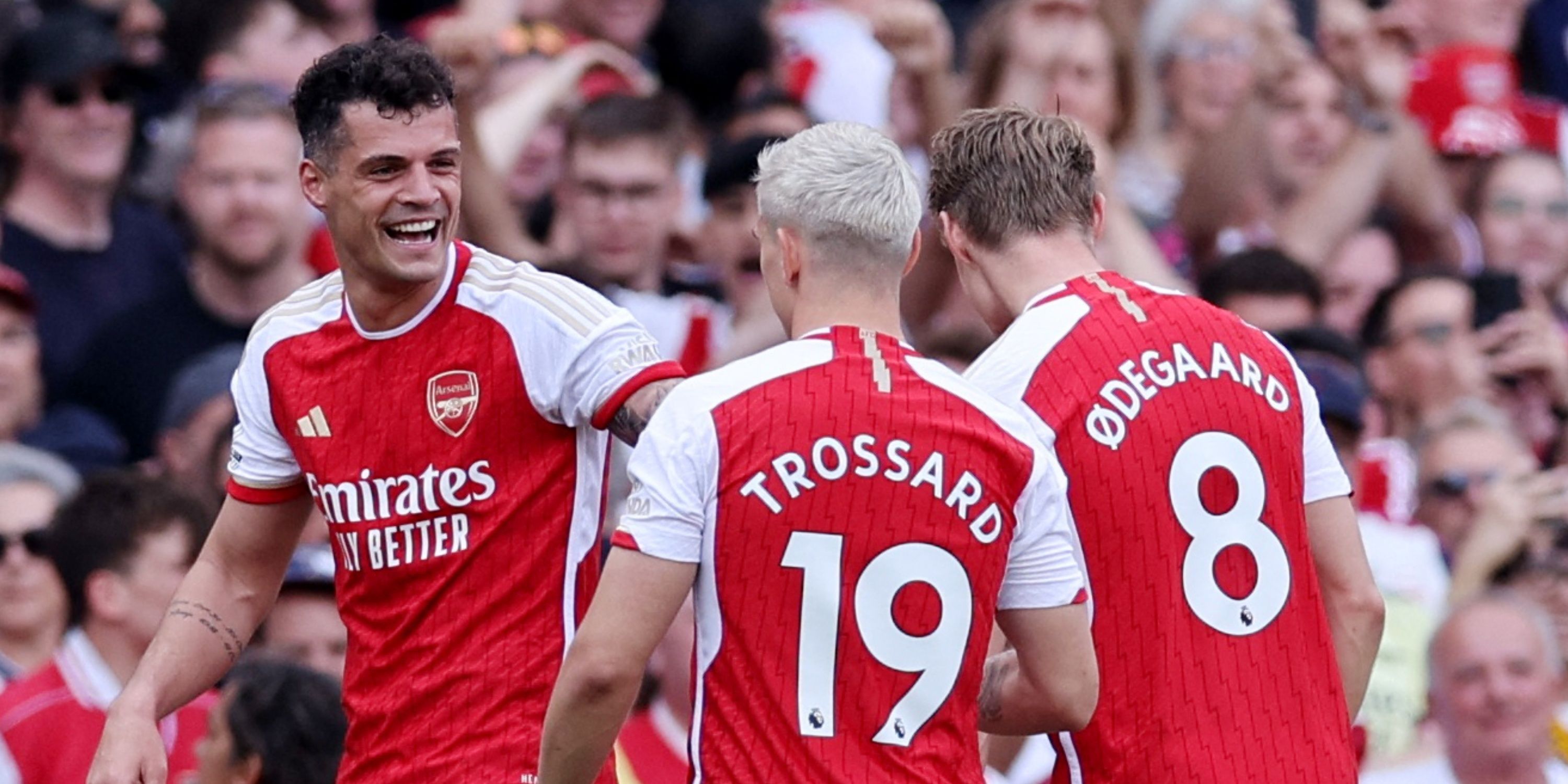Granit Xhaka celebrates scoring in his final Arsenal game