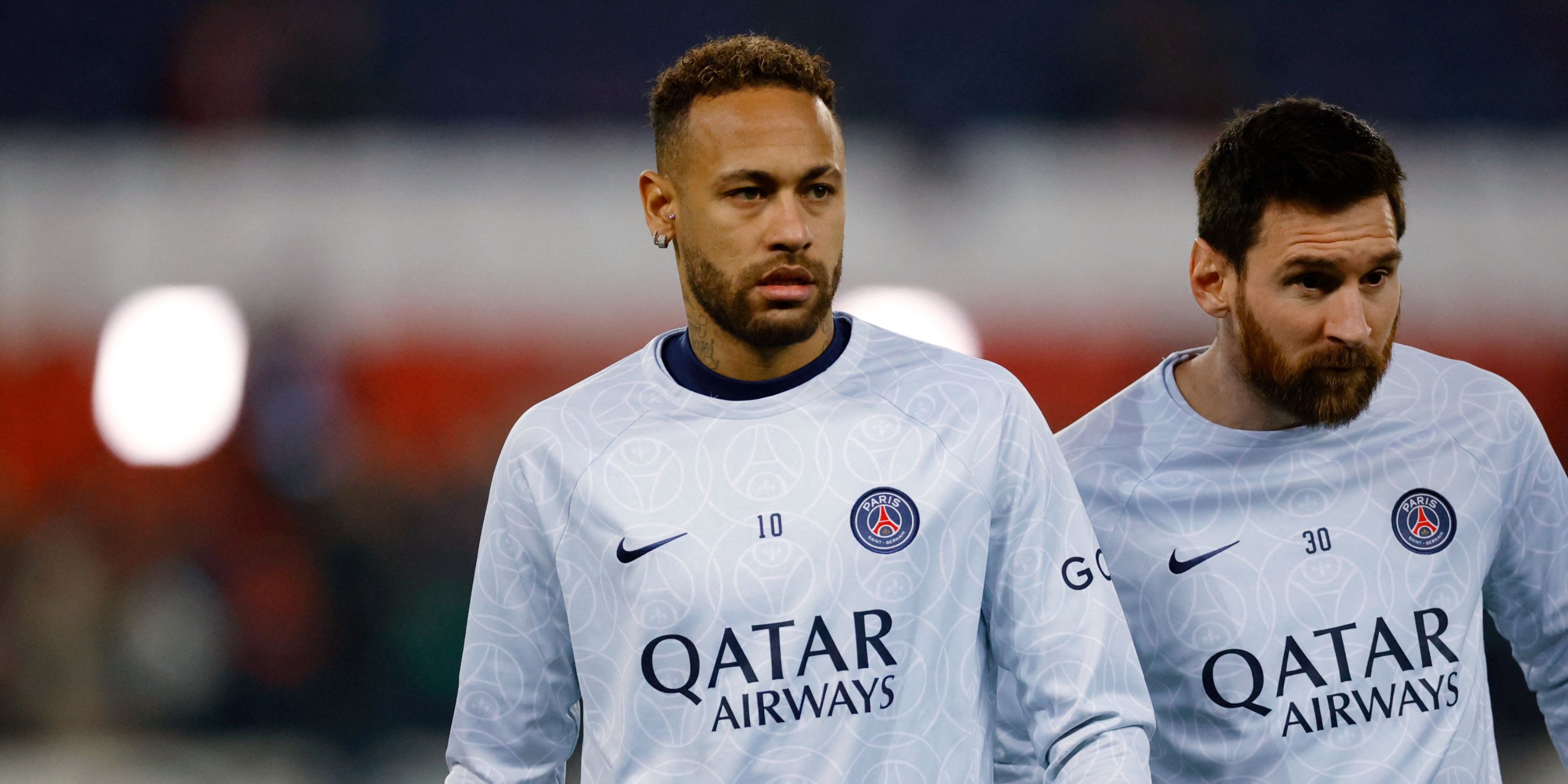 Neymar and Lionel Messi warming up