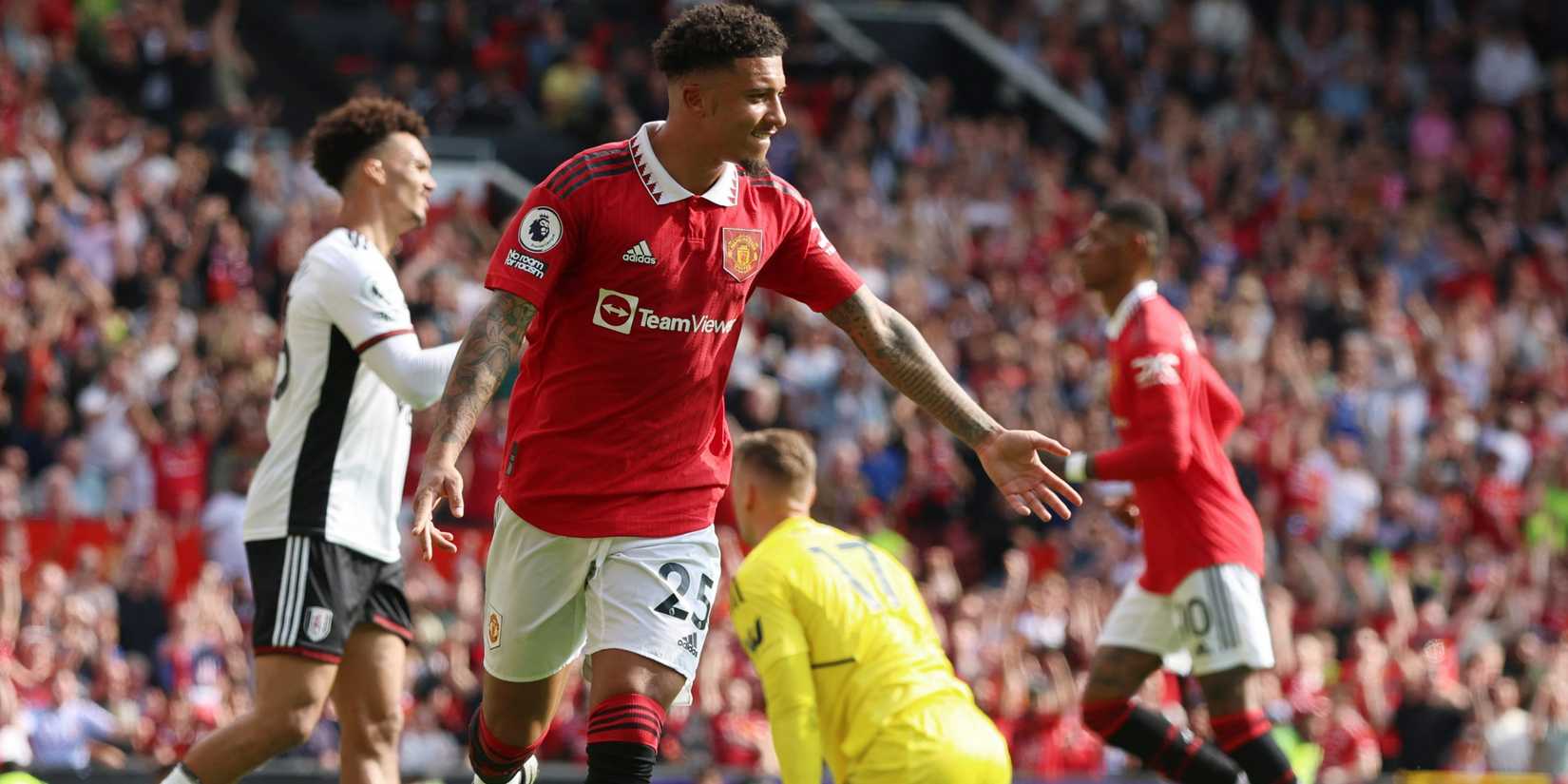 Jadon Sancho celebrates for Manchester United
