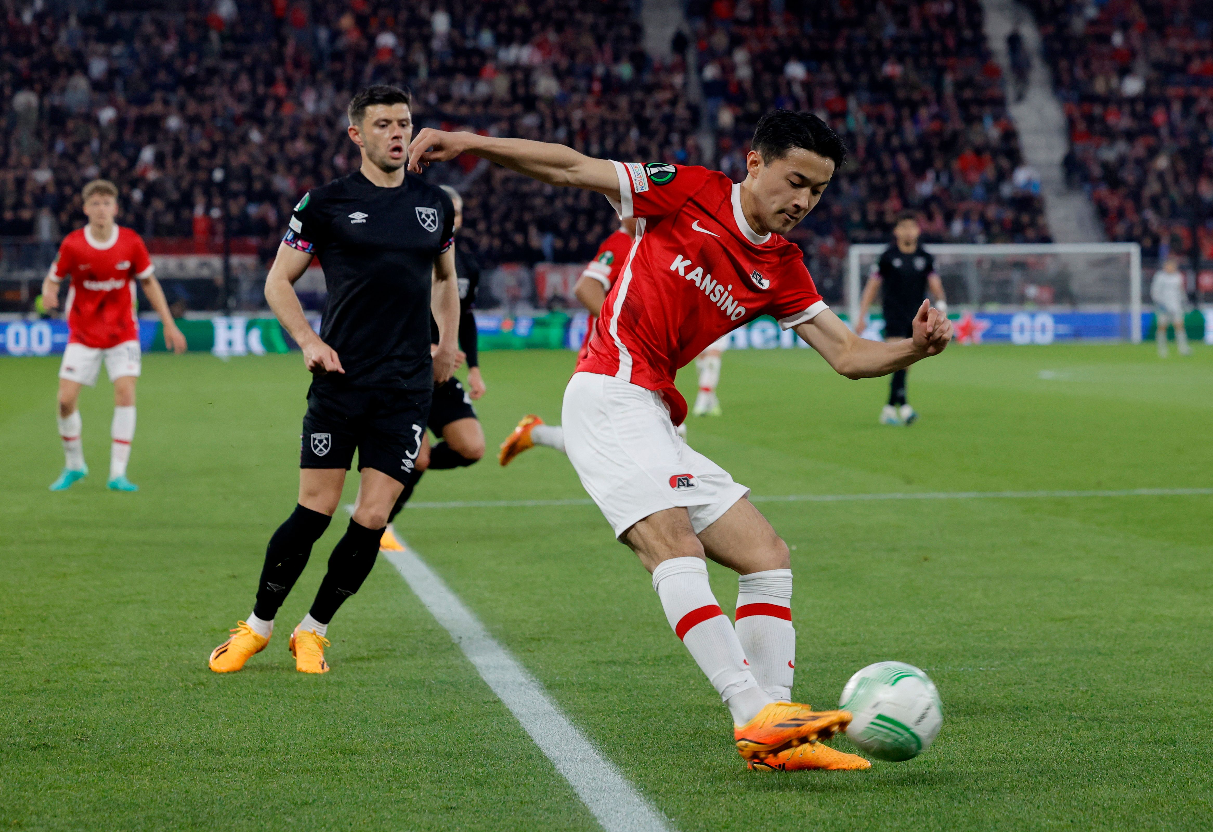AZ Alkmaar's Yukinari Sugawara in action with West Ham United's Aaron Cresswell
