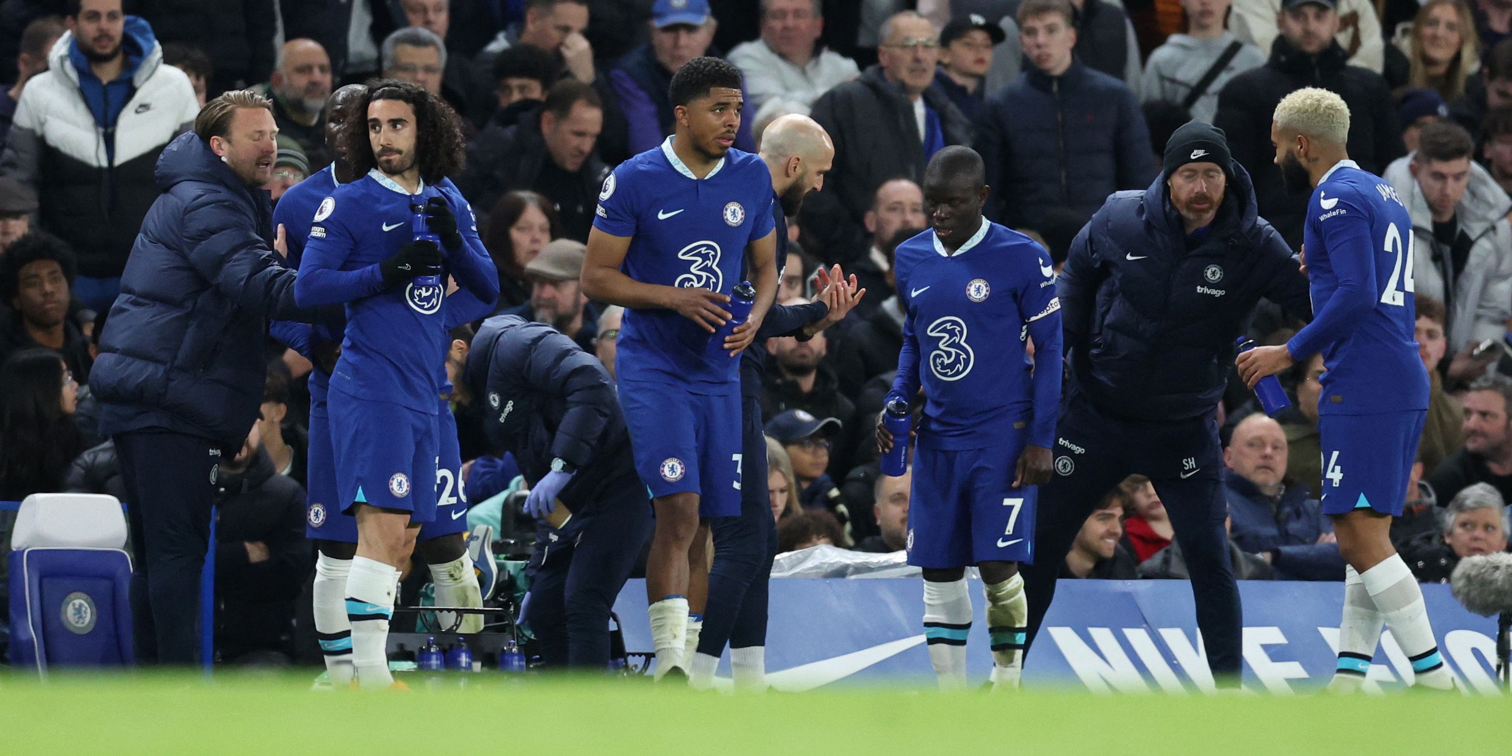 Chelsea's Marc Cucurella, Wesley Fofana, Reece James and N'Golo Kante have a drink during a pause for fasting Muslim players during Ramadan