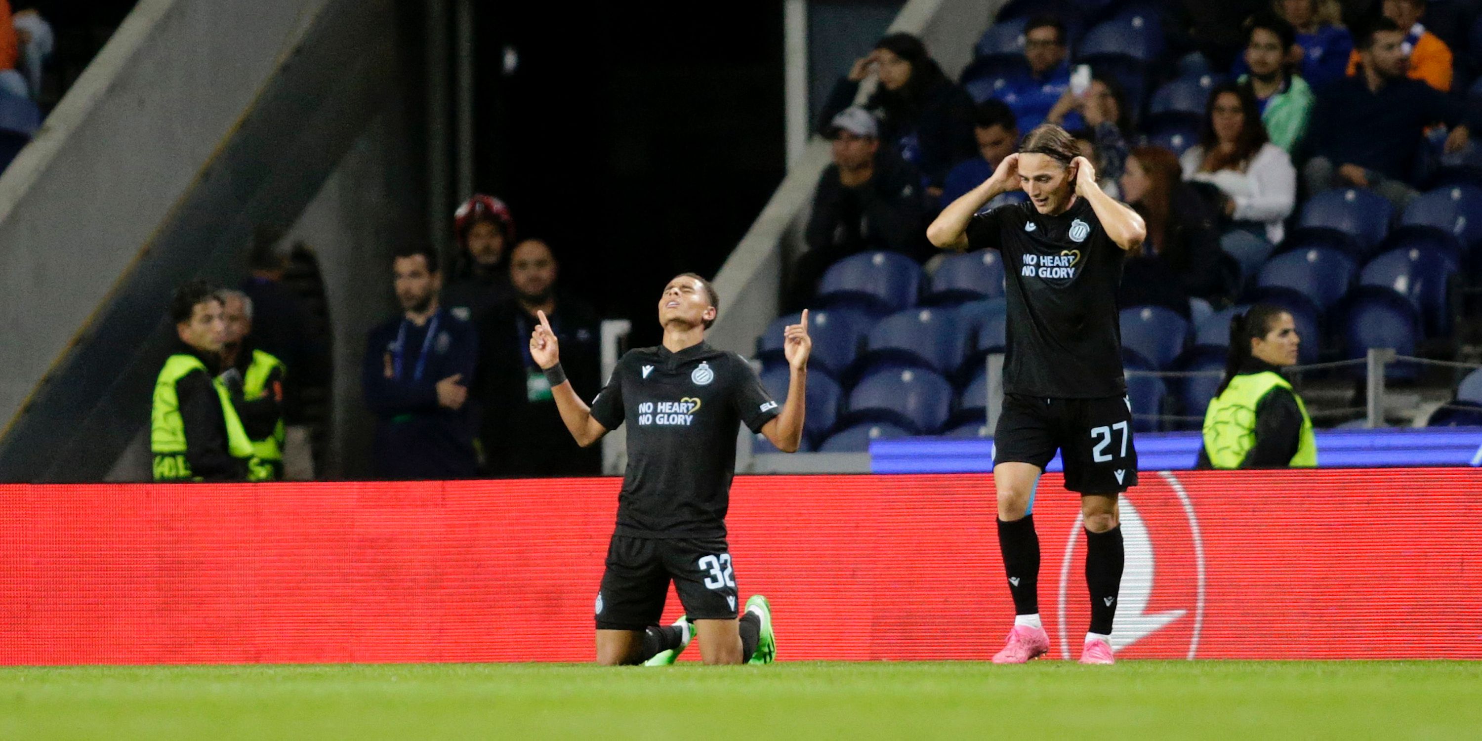 Club Brugge's Antonio Nusa celebrates scoring their fourth goal with Casper Nielsen