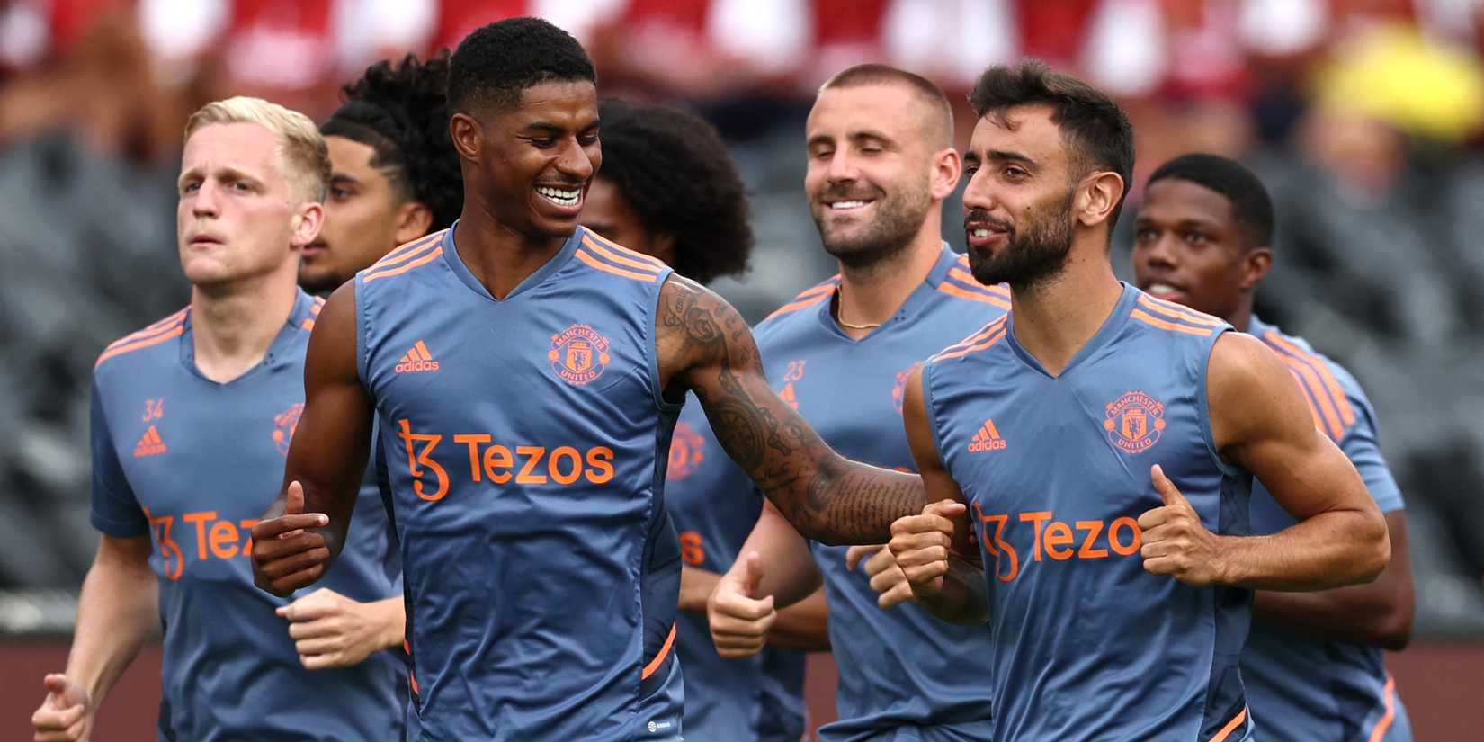 Manchester United's Bruno Fernandes, Luke Shaw, Marcus Rashford and Donny van de Beek in training