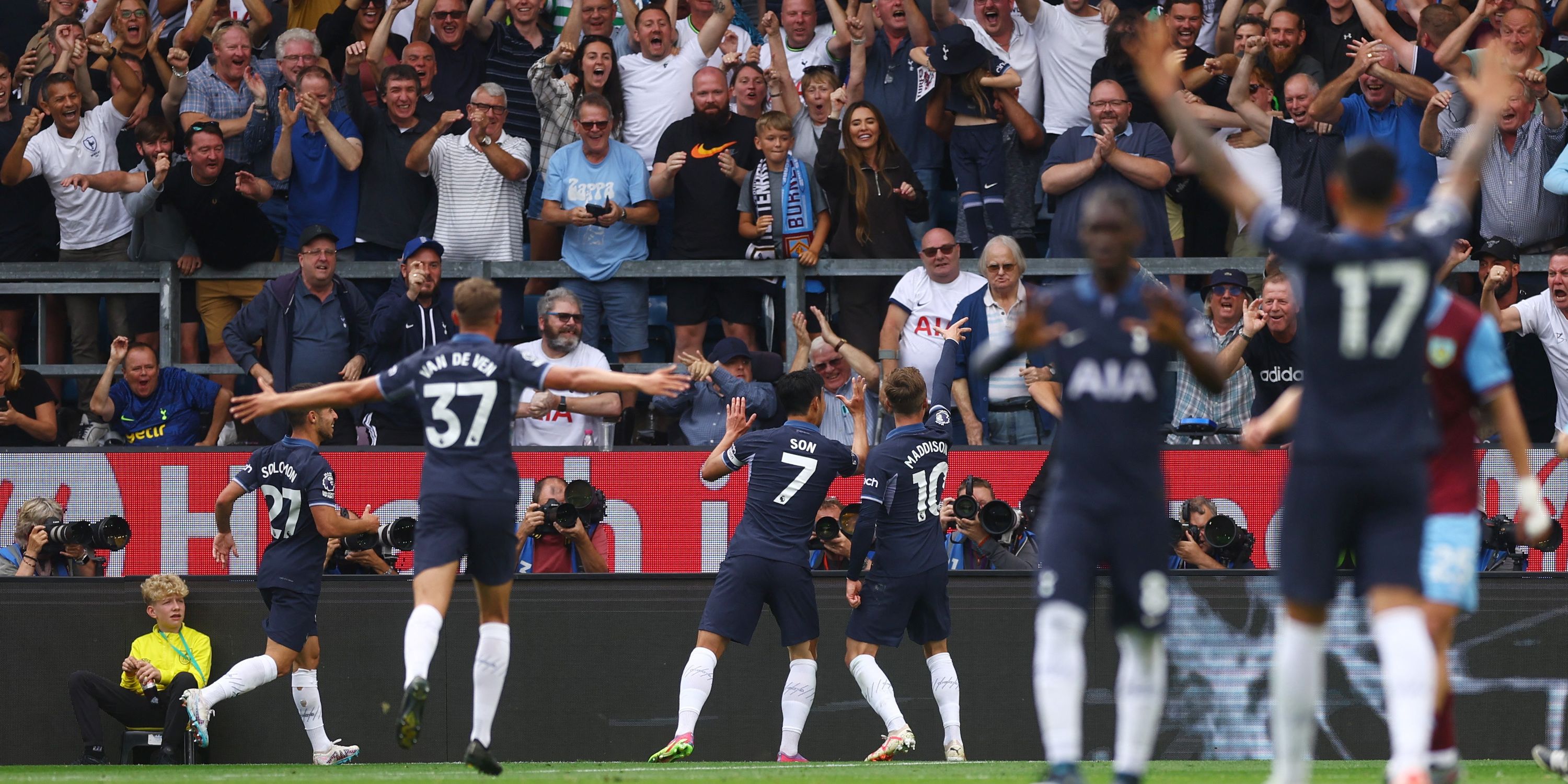 Tottenham Hotspur's James Maddison celebrates scoring their third goal with teammate Son Heung-min