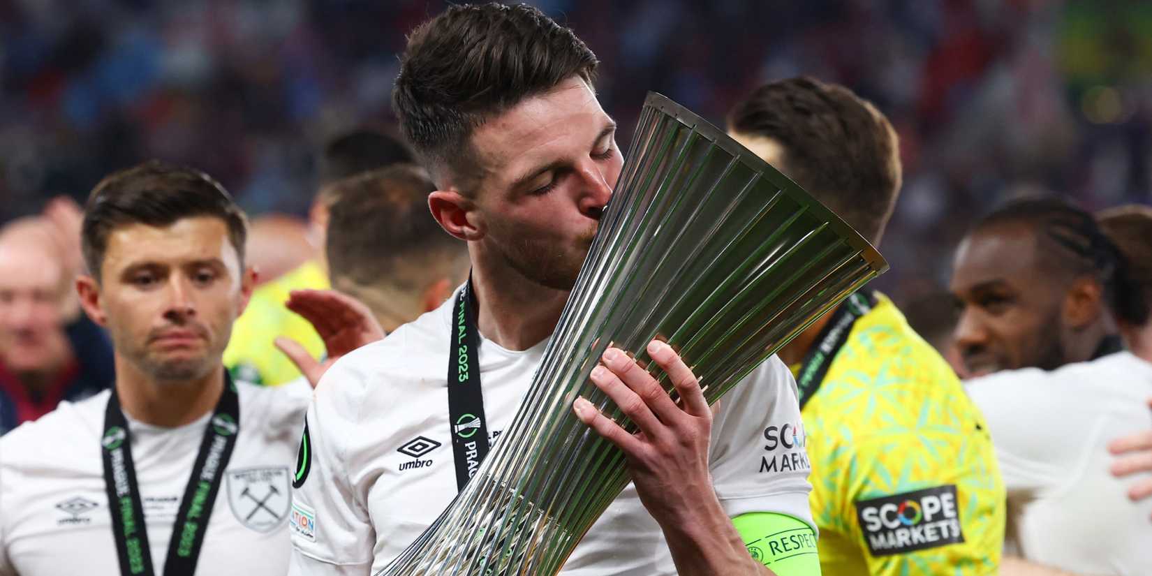 Declan Rice with the Europa Conference League trophy for West Ham.
