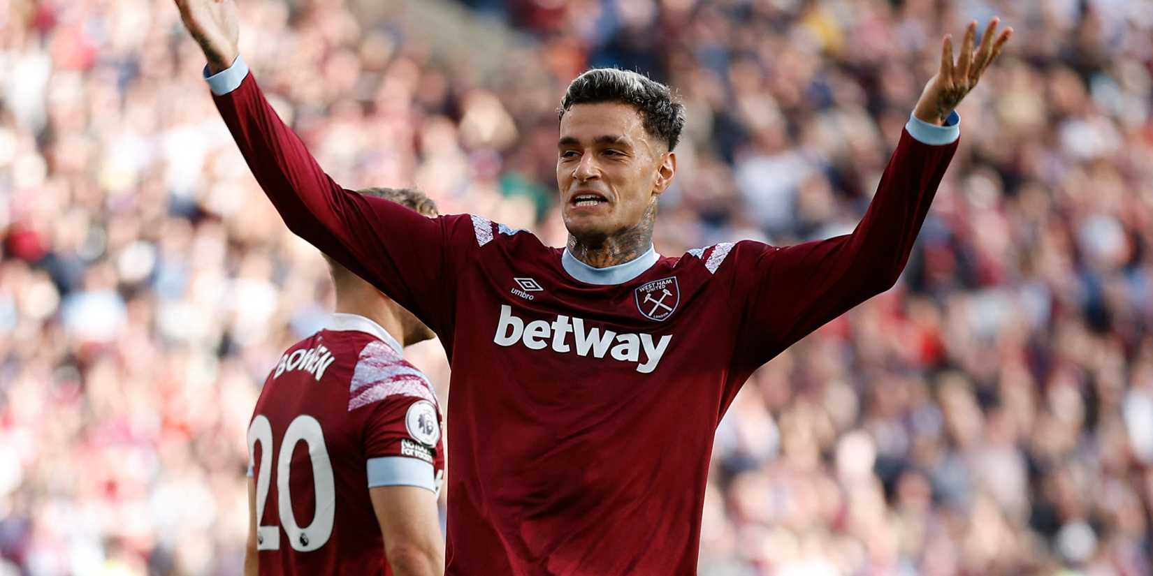 Gianluca Scamacca celebrates a goal for West Ham.