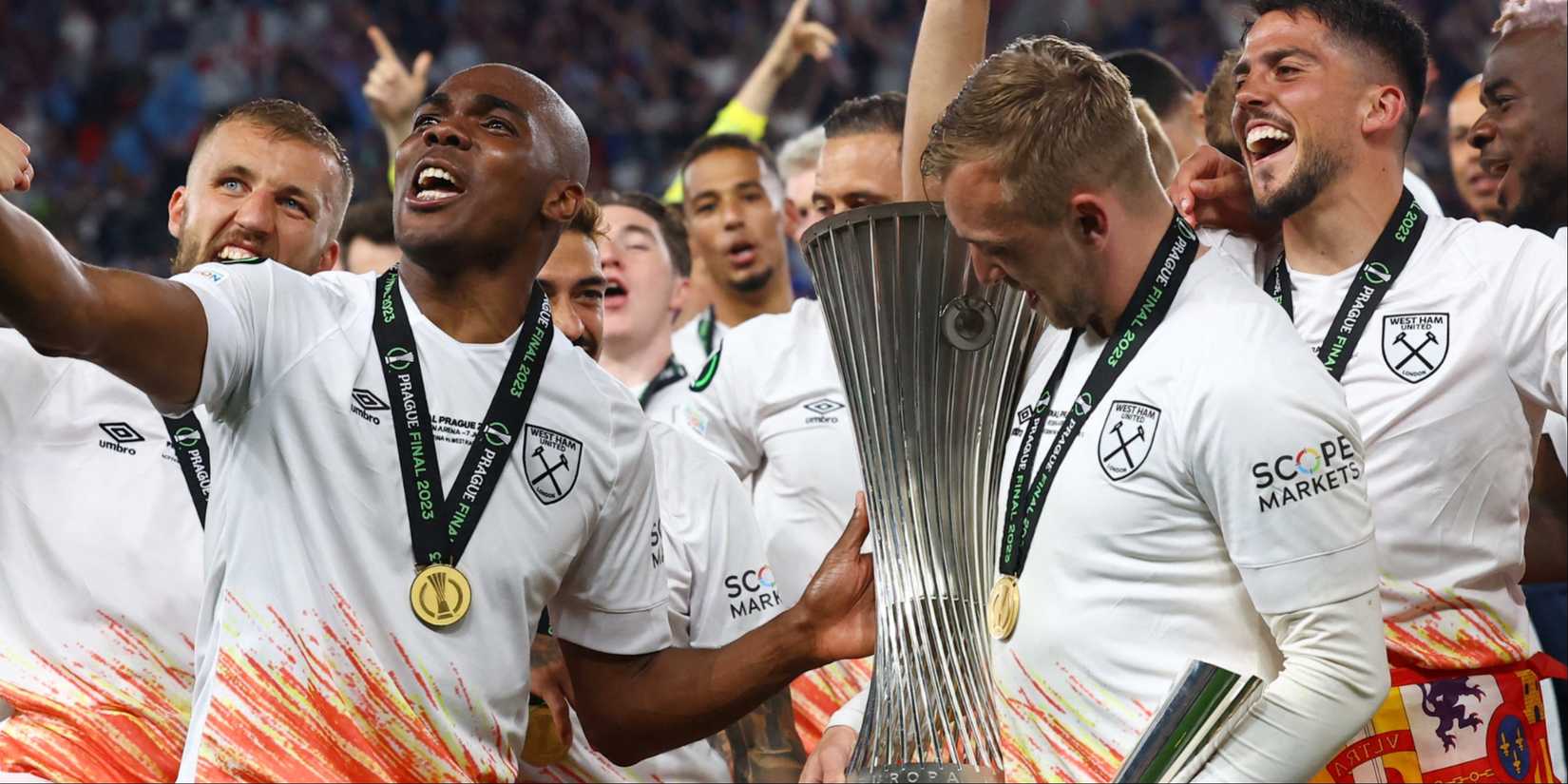 Jarrod Bowen with the Europa Conference League trophy.
