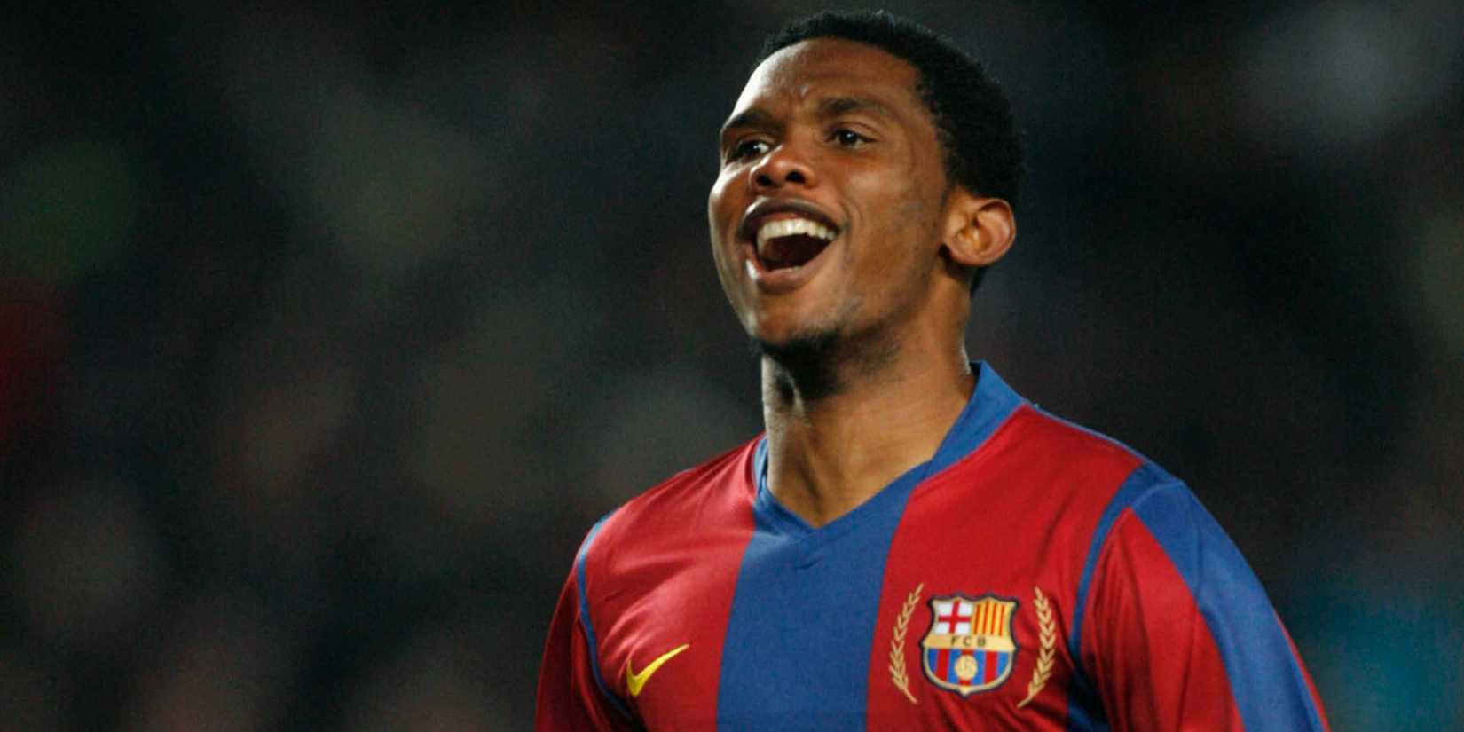 Samuel Eto'o celebrating for Barcelona.