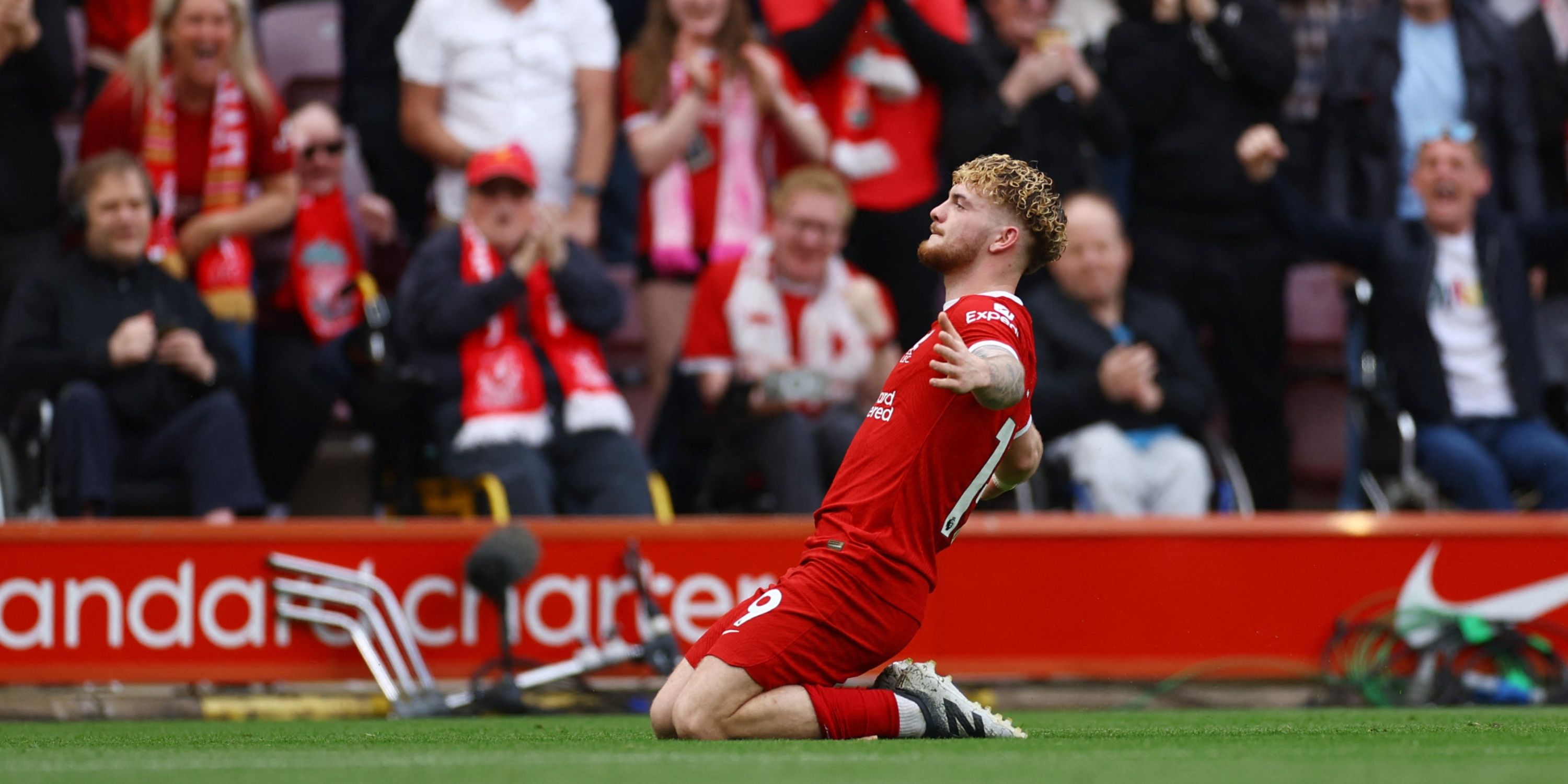 Harvey Elliott celebrates at Anfield