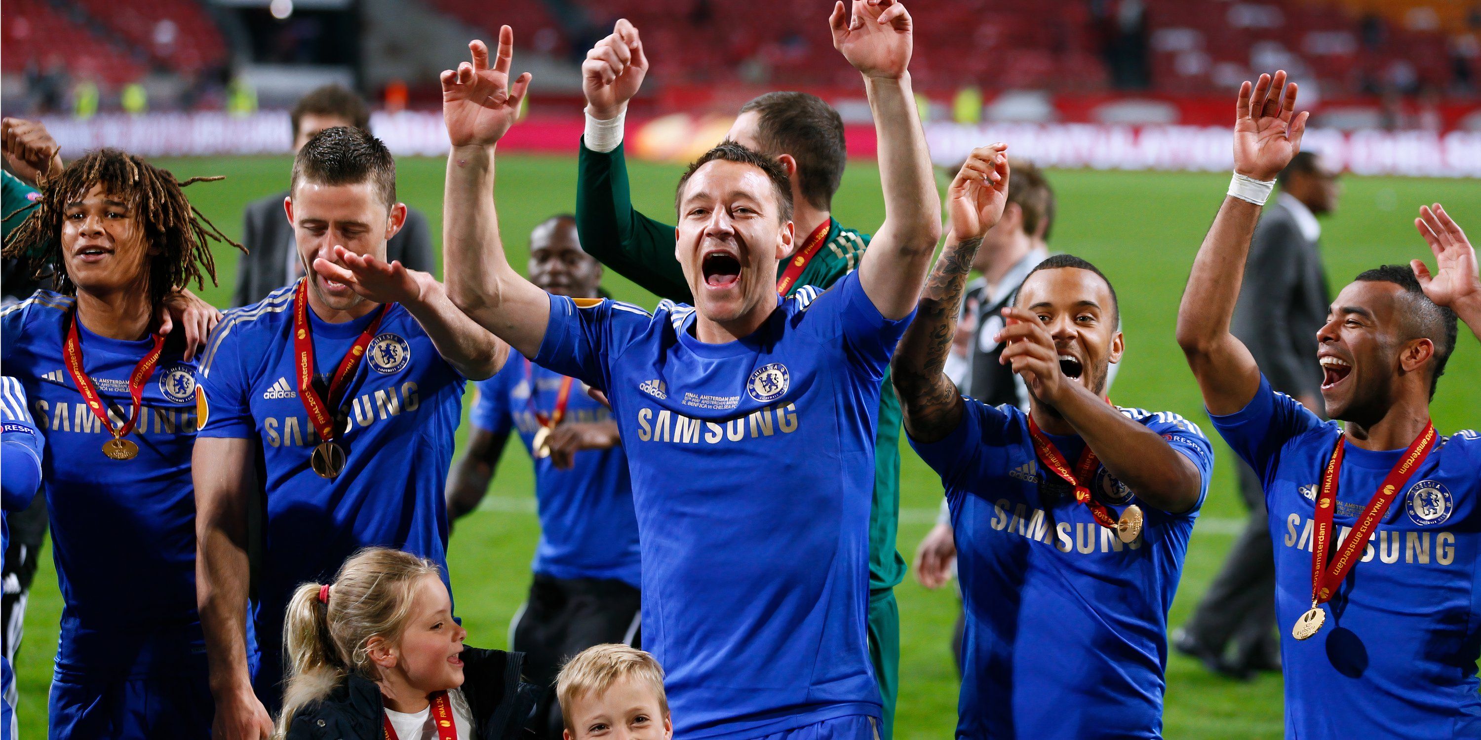 John Terry celebrates the Europa League victory with Chelsea