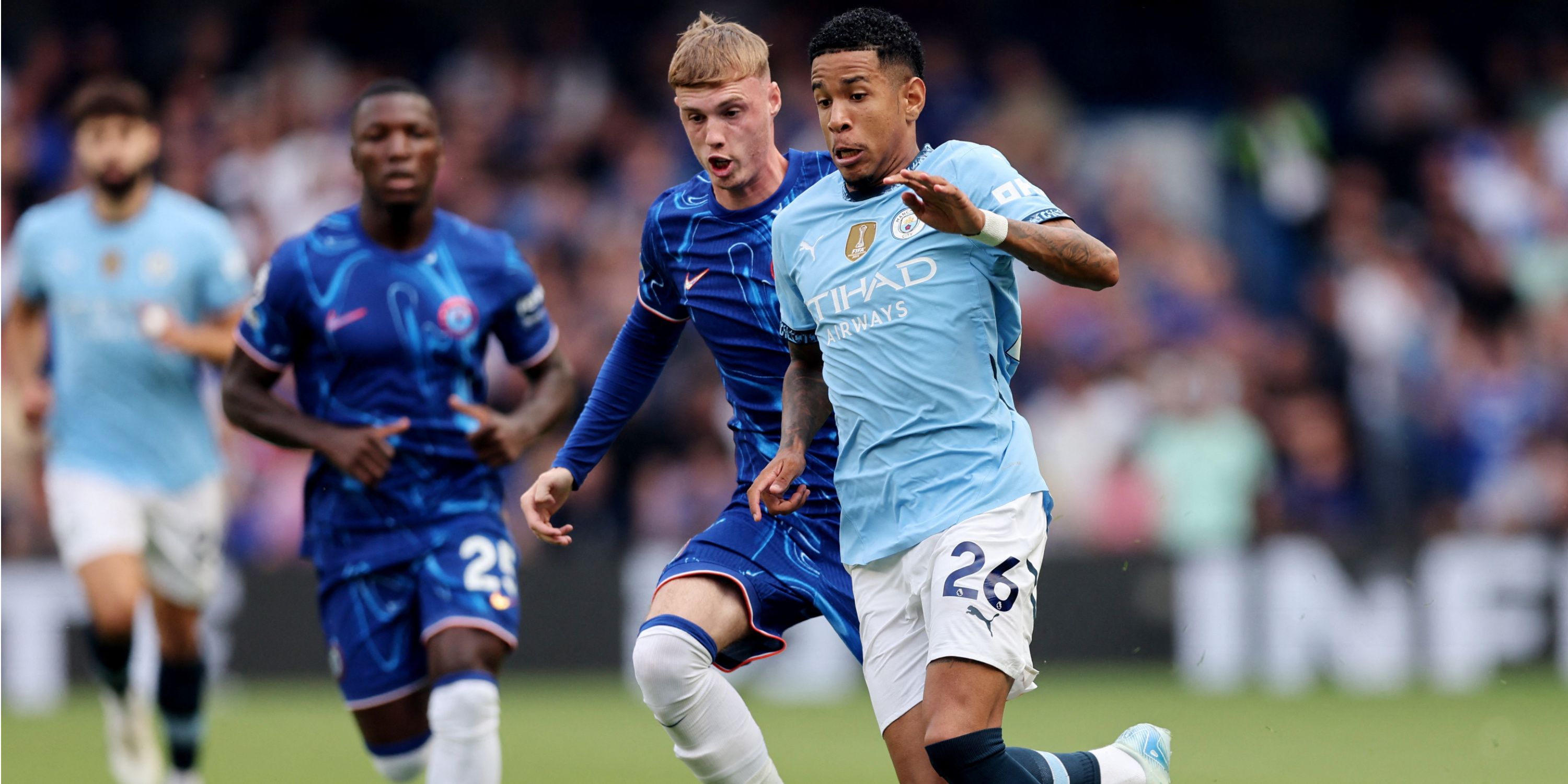 Manchester City player Savinho in a Premier League match against Chelsea