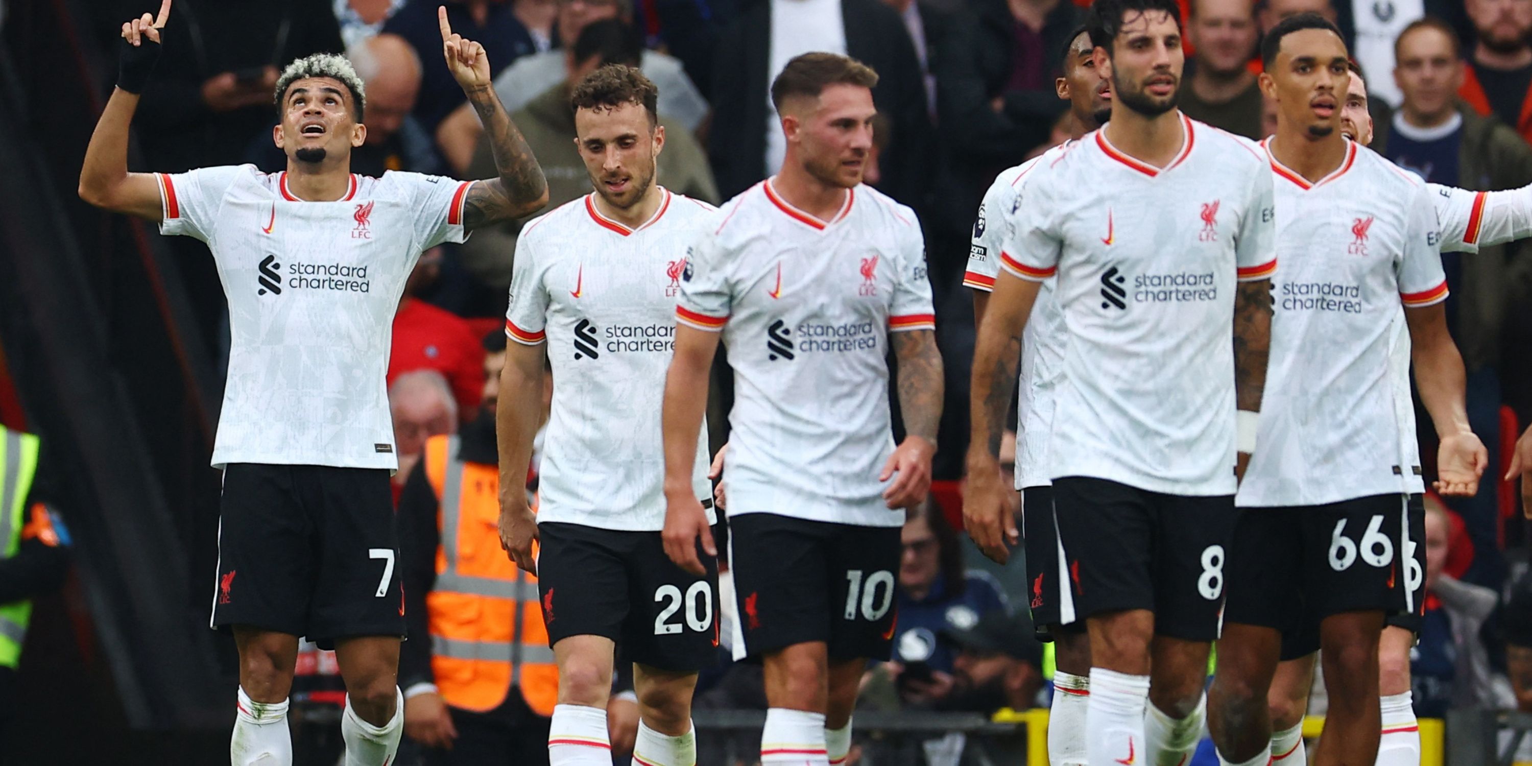 Liverpool midfielder Dominik Szoboszlai celebrating at Manchester United