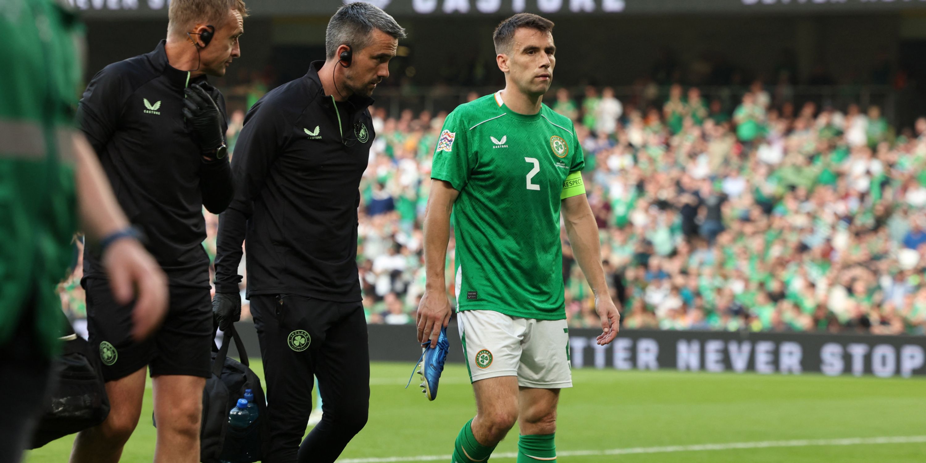 Everton defender Seamus Coleman goes off injured for the Republic of Ireland